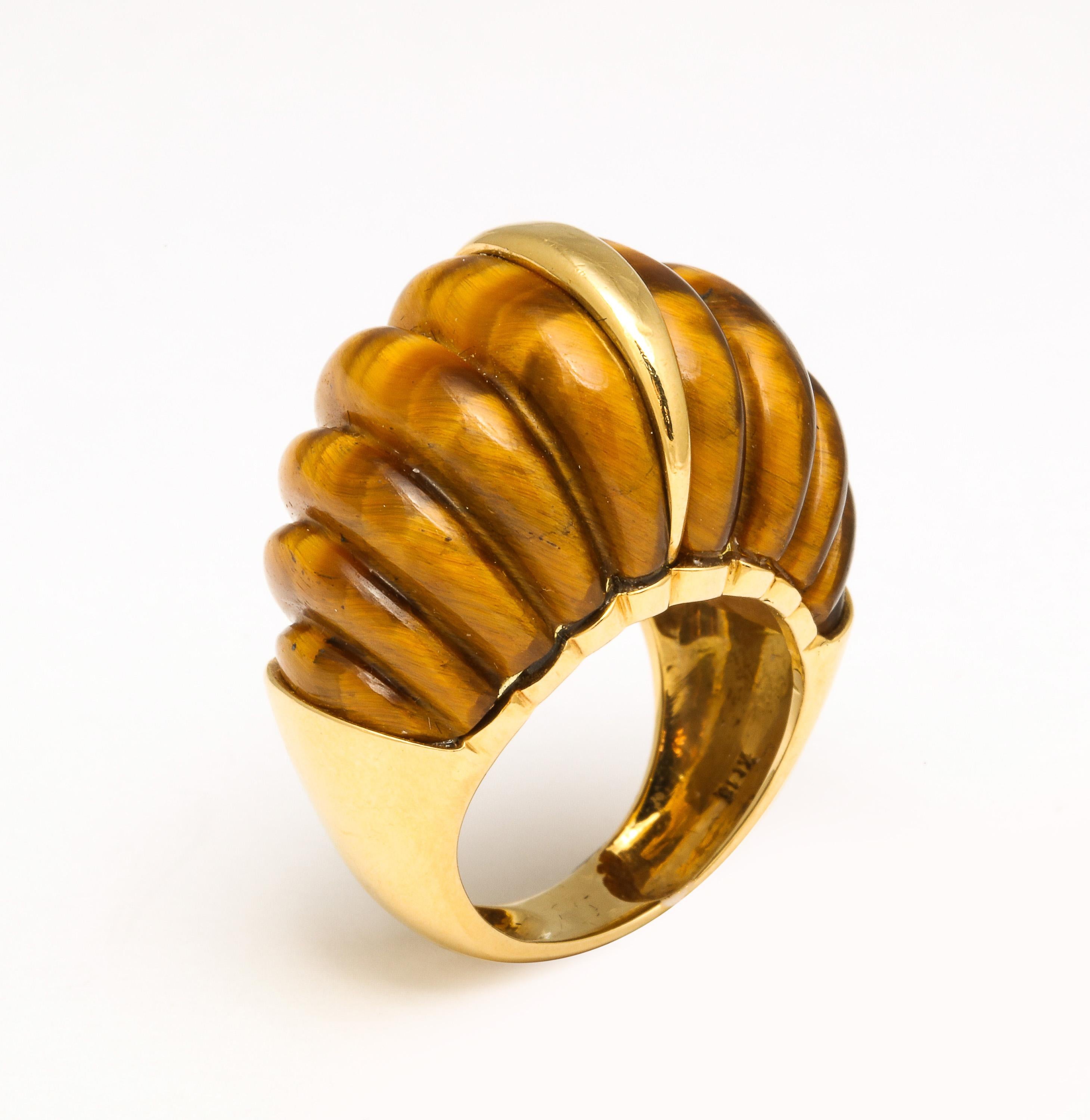 Women's Tiger's Eye Melon Shaped Ring with Center Gold Bar For Sale
