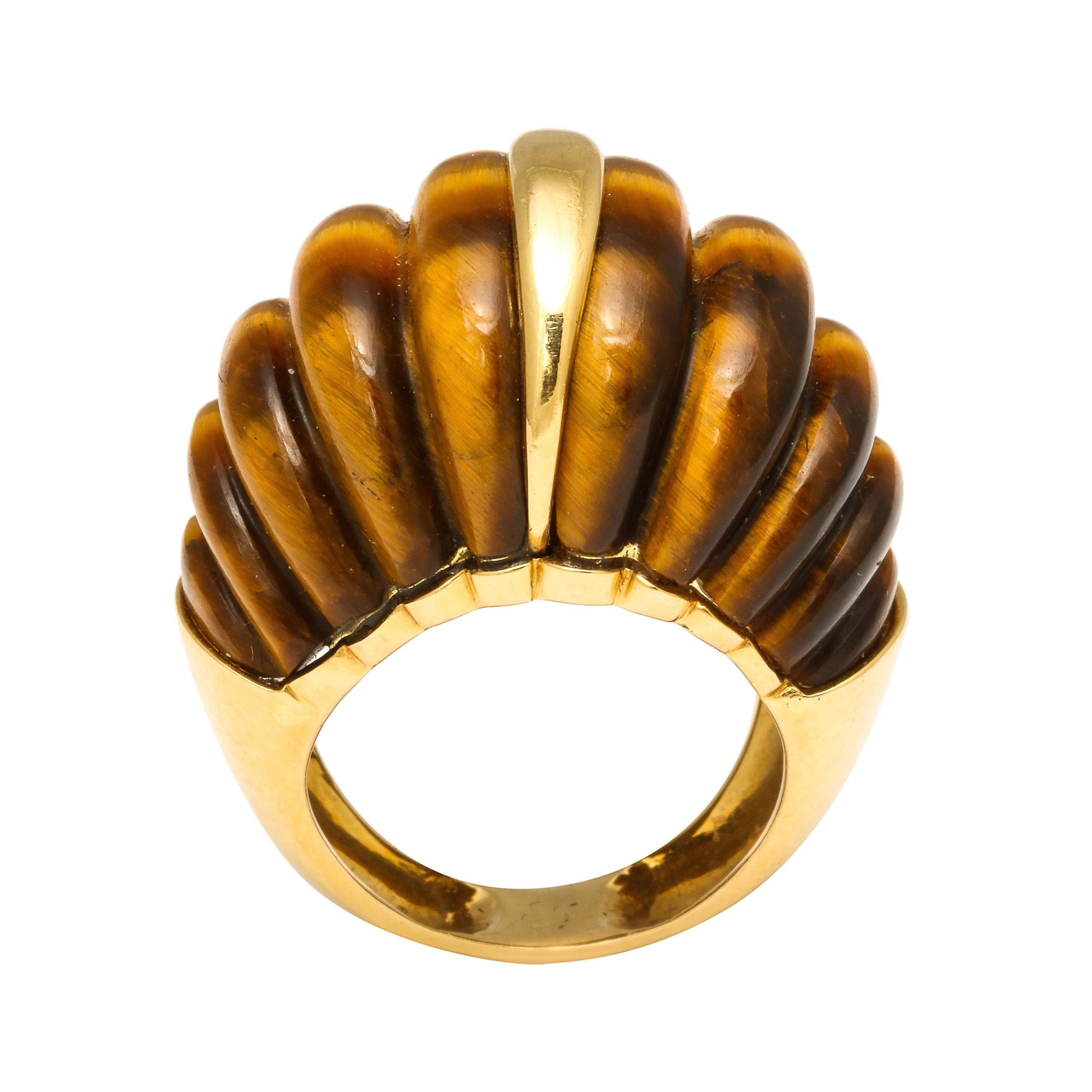 Tiger's Eye Melon Shaped Ring with Center Gold Bar For Sale