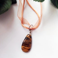 Tiger's Eye Necklace, Heart Pendant Necklace, Gemstone Ribbon Necklace