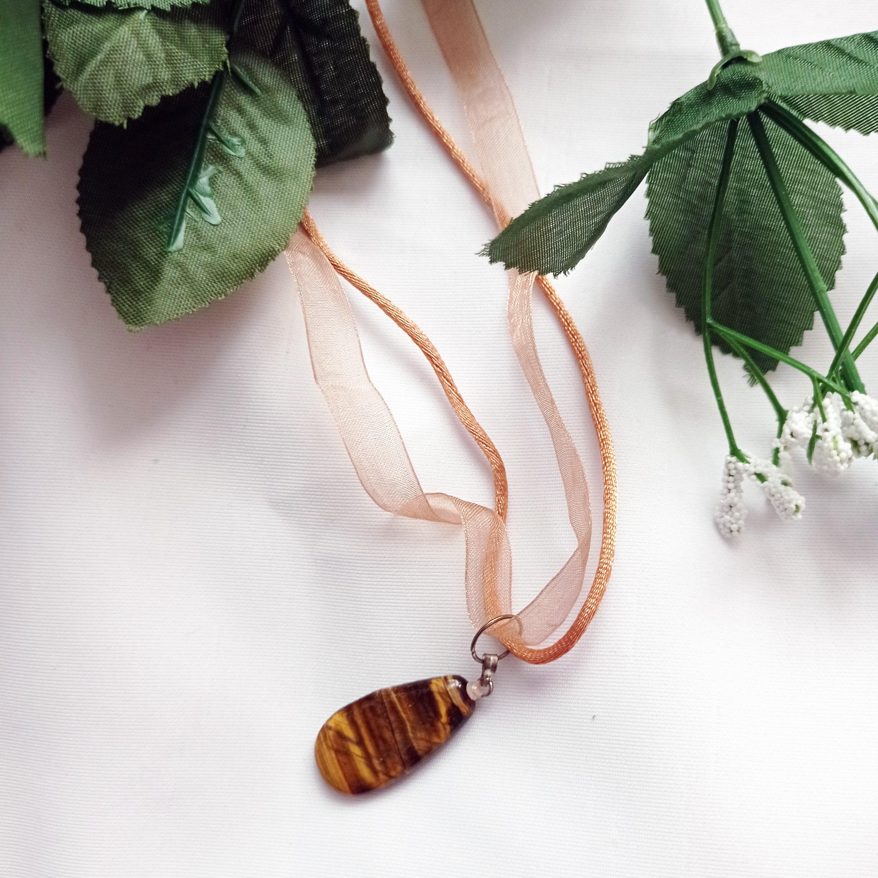 Women's Tiger's Eye Necklace, Heart Pendant Necklace, Gemstone Ribbon Necklace For Sale