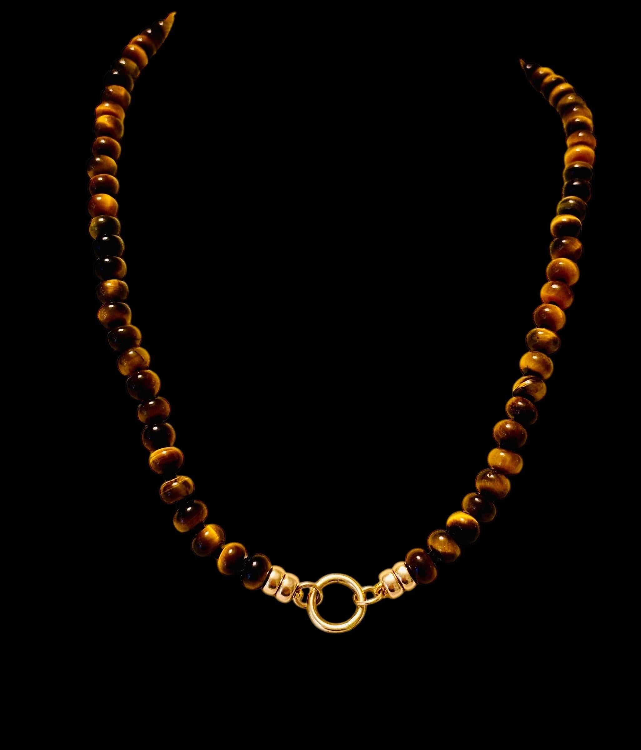 da uomo o donna Collana con occhio di tigre e perline in oro 14k - 20