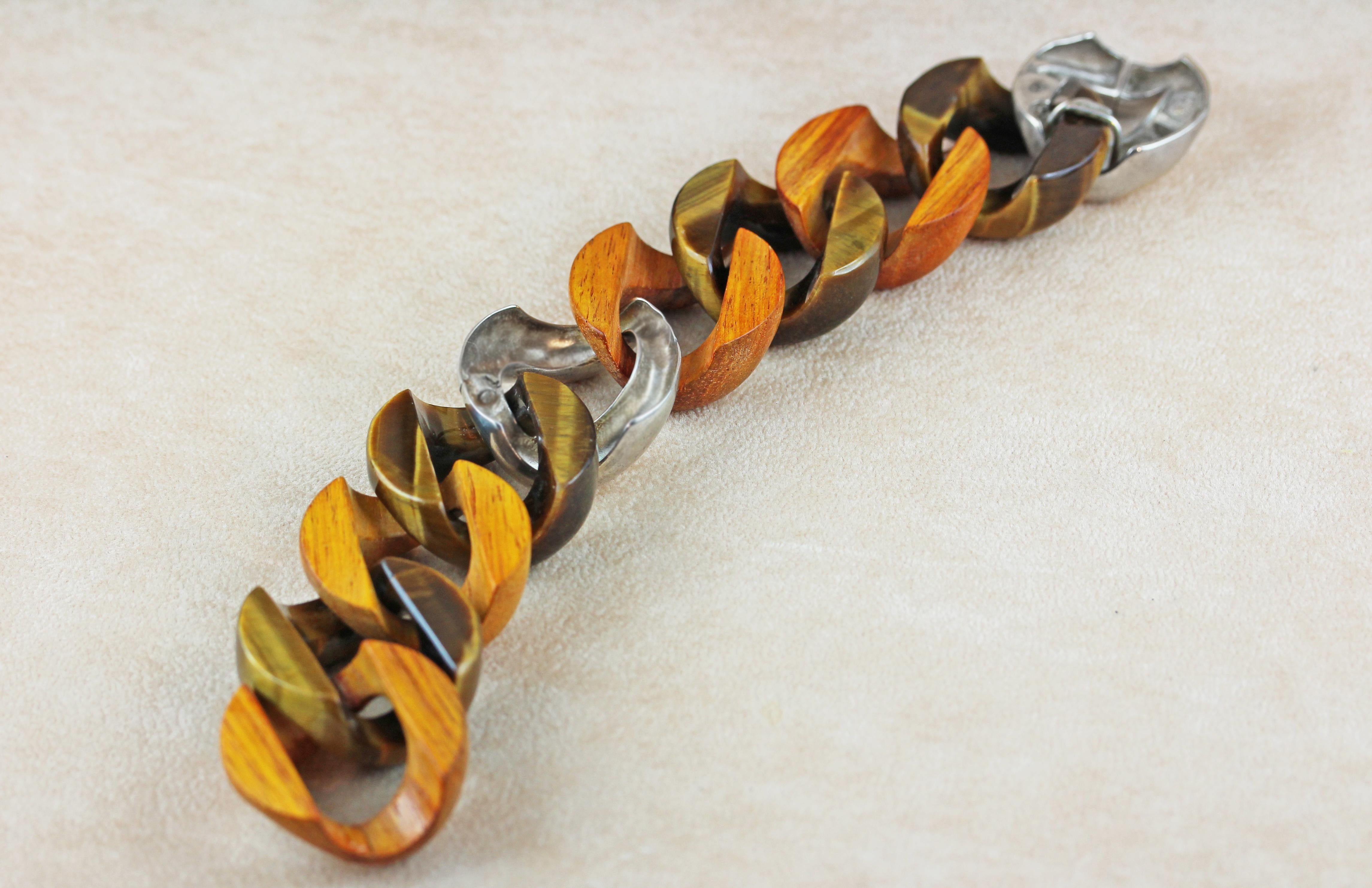 Contemporary Tiger's Eye Orange Wood 925 Silver Link Bracelet