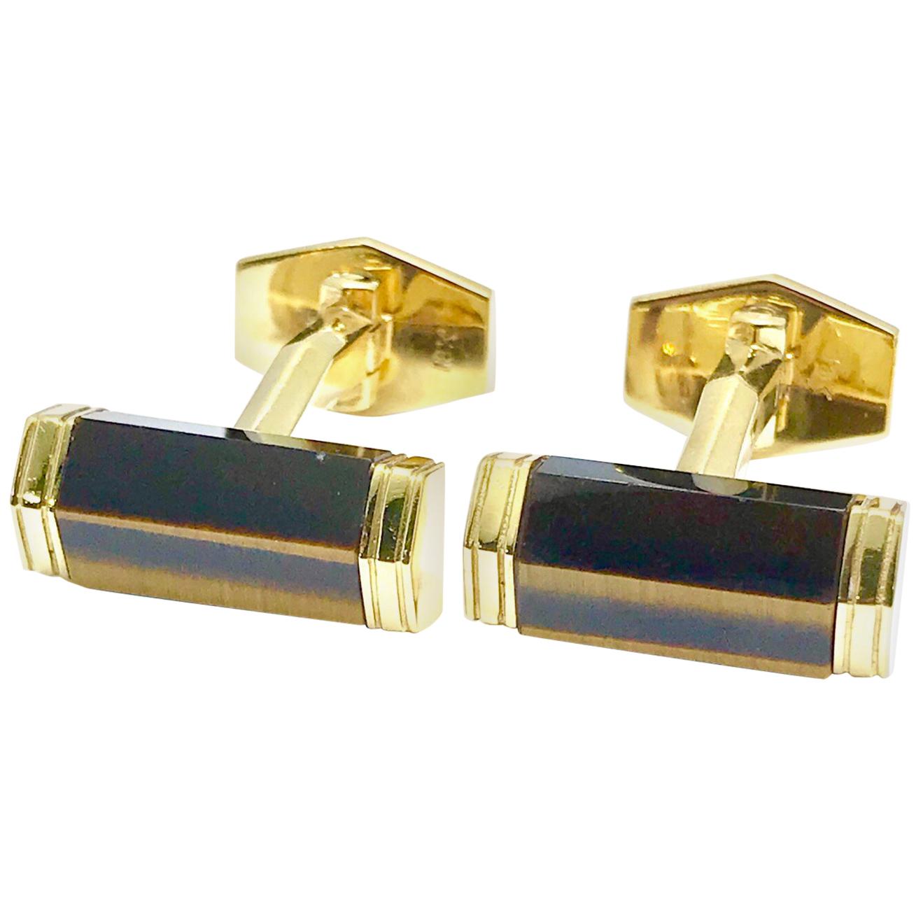 Tiger's Eye Quartz and 18 Karat Yellow Gold Cufflinks with a Toggle Back
