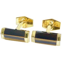 Tiger's Eye Quartz and 18 Karat Yellow Gold Cufflinks with a Toggle Back