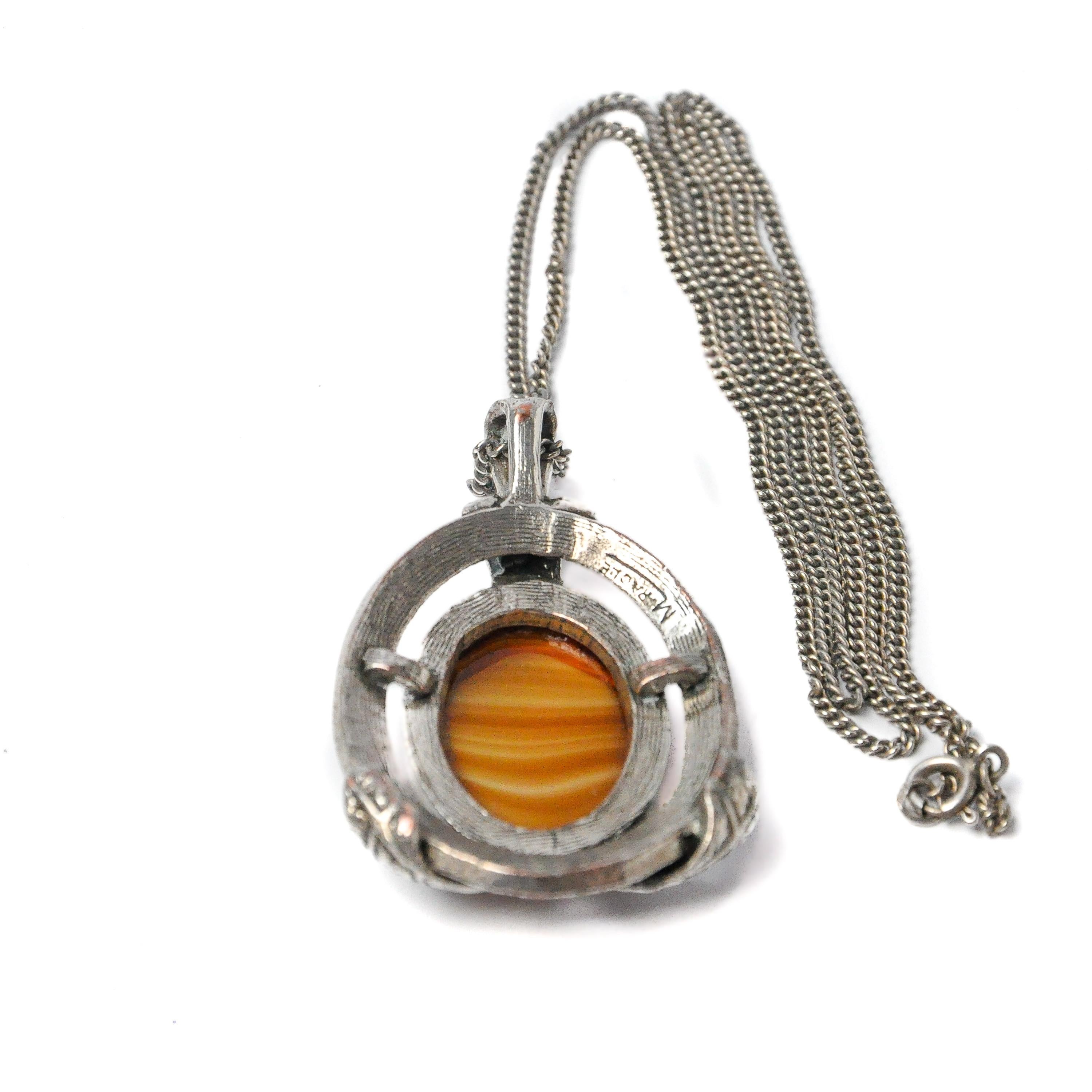 Modern Vintage Tiger's Eye Quartz Silver Pendant Necklace For Sale