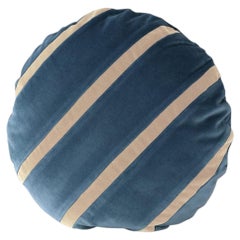 Tigers Eye Round Blue and Cappuccino Stripes Velvet Deluxe Handmade Cushion