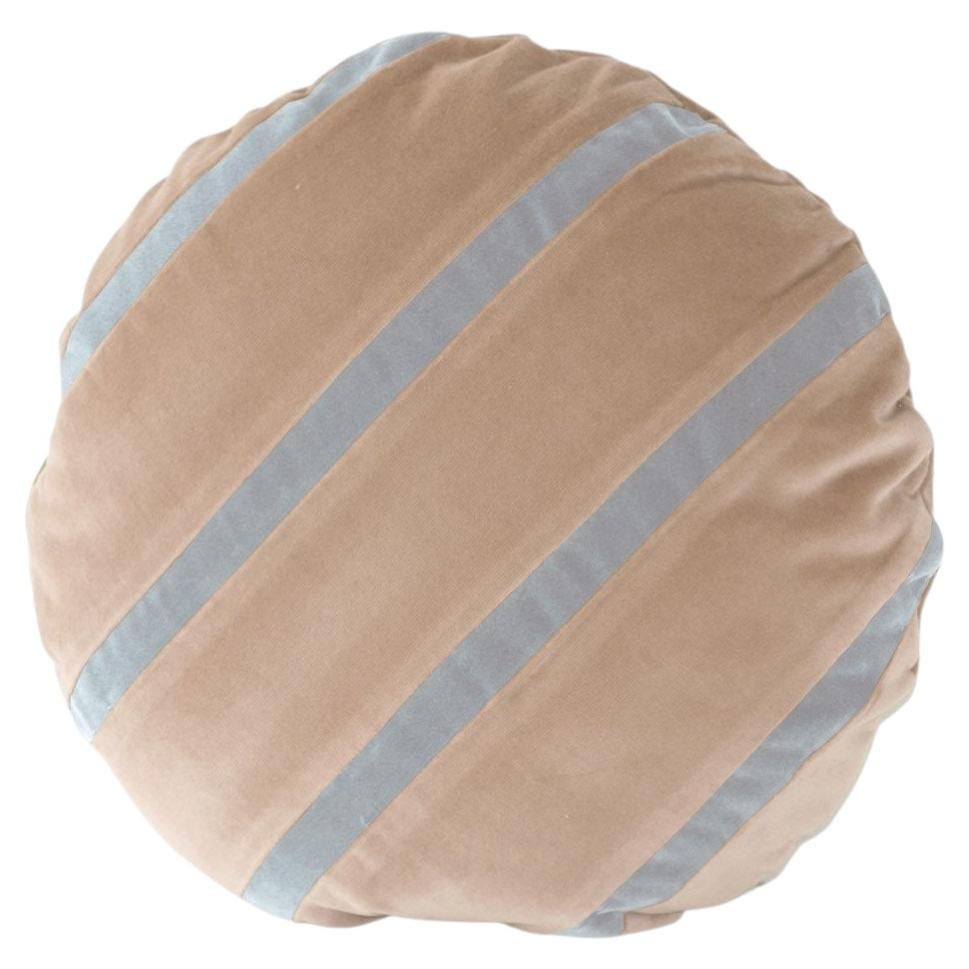 Tigers Eye Round Cappuccino and Blue Stripes Velvet Deluxe Handmade Cushion