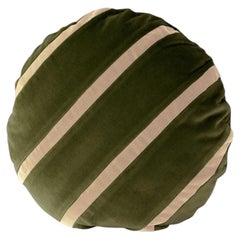 Tigers Eye Round Dry Green and Cappuccino Stripes Velvet Deluxe Handmade Cushion