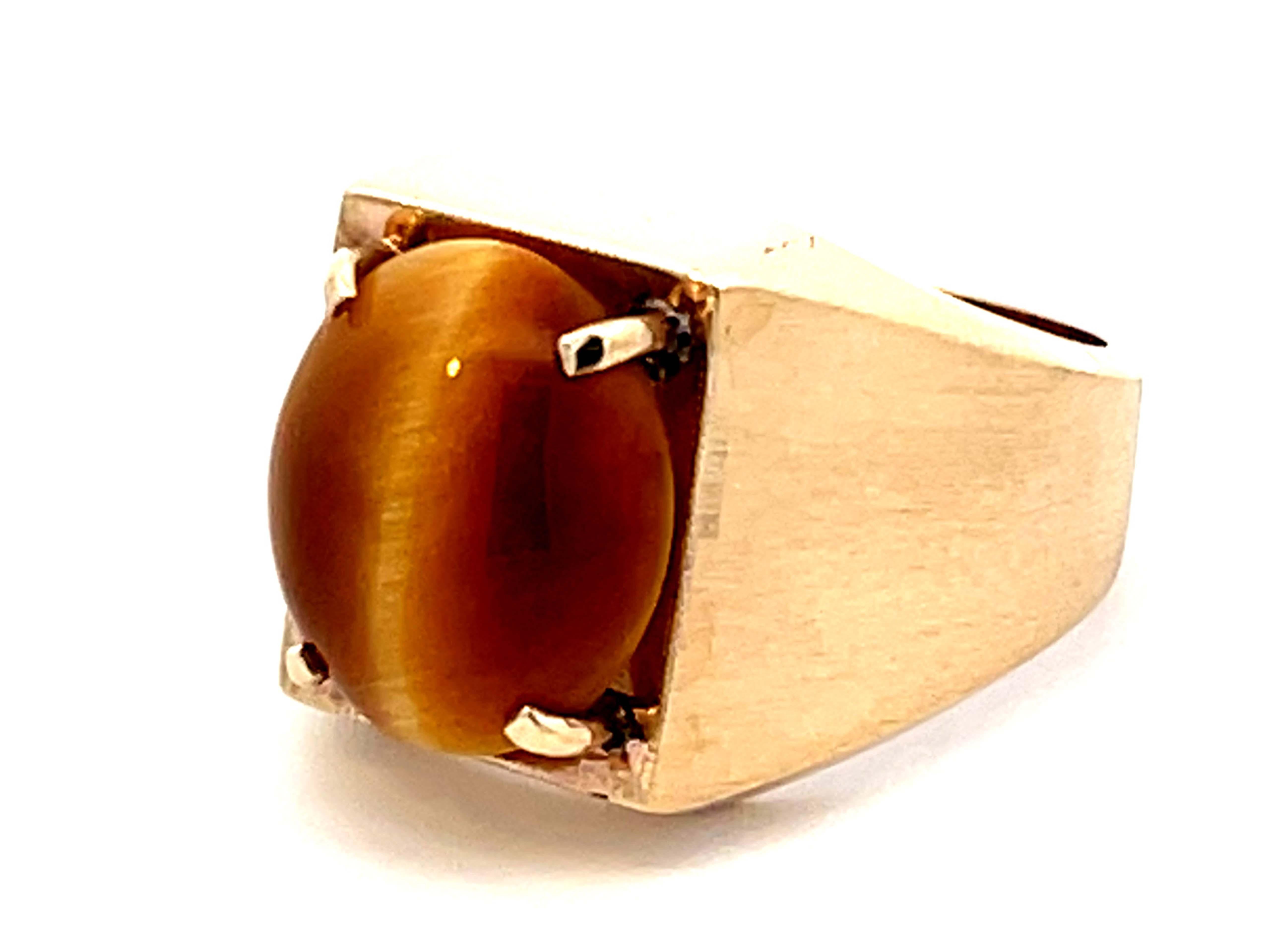Cabochon Tiger's Eye Satin Finish Ring in 18k Yellow Gold For Sale