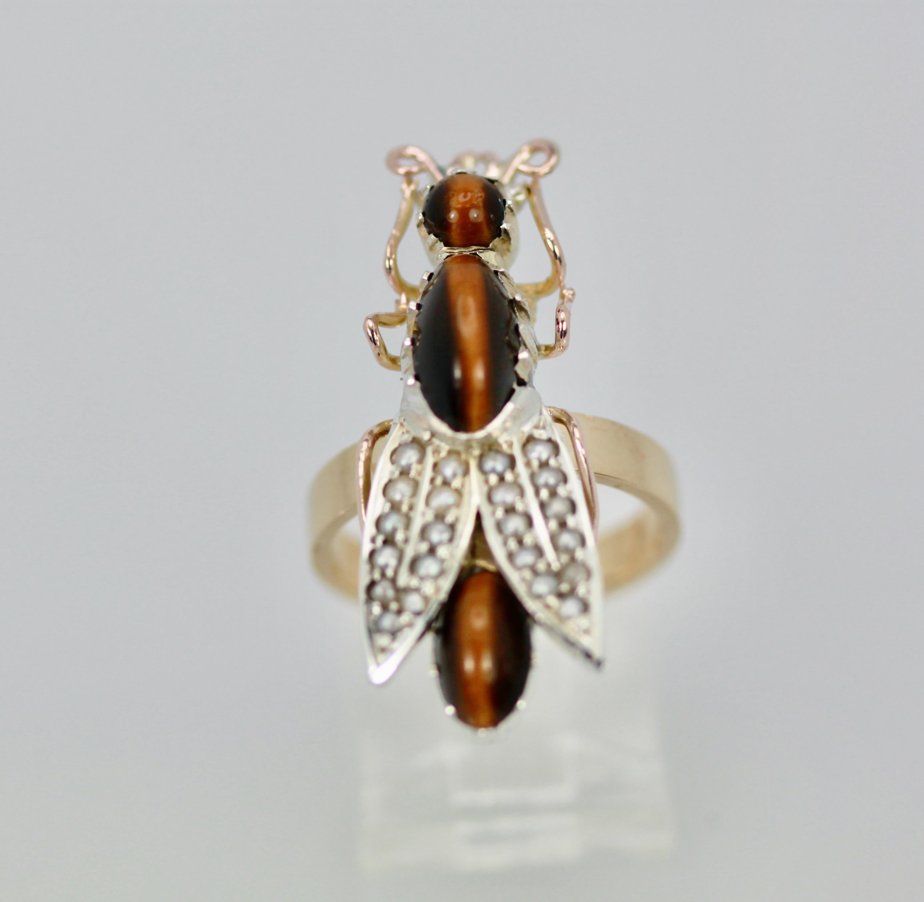 Tigers Eye Seed Pearl Insect Ring For Sale 4