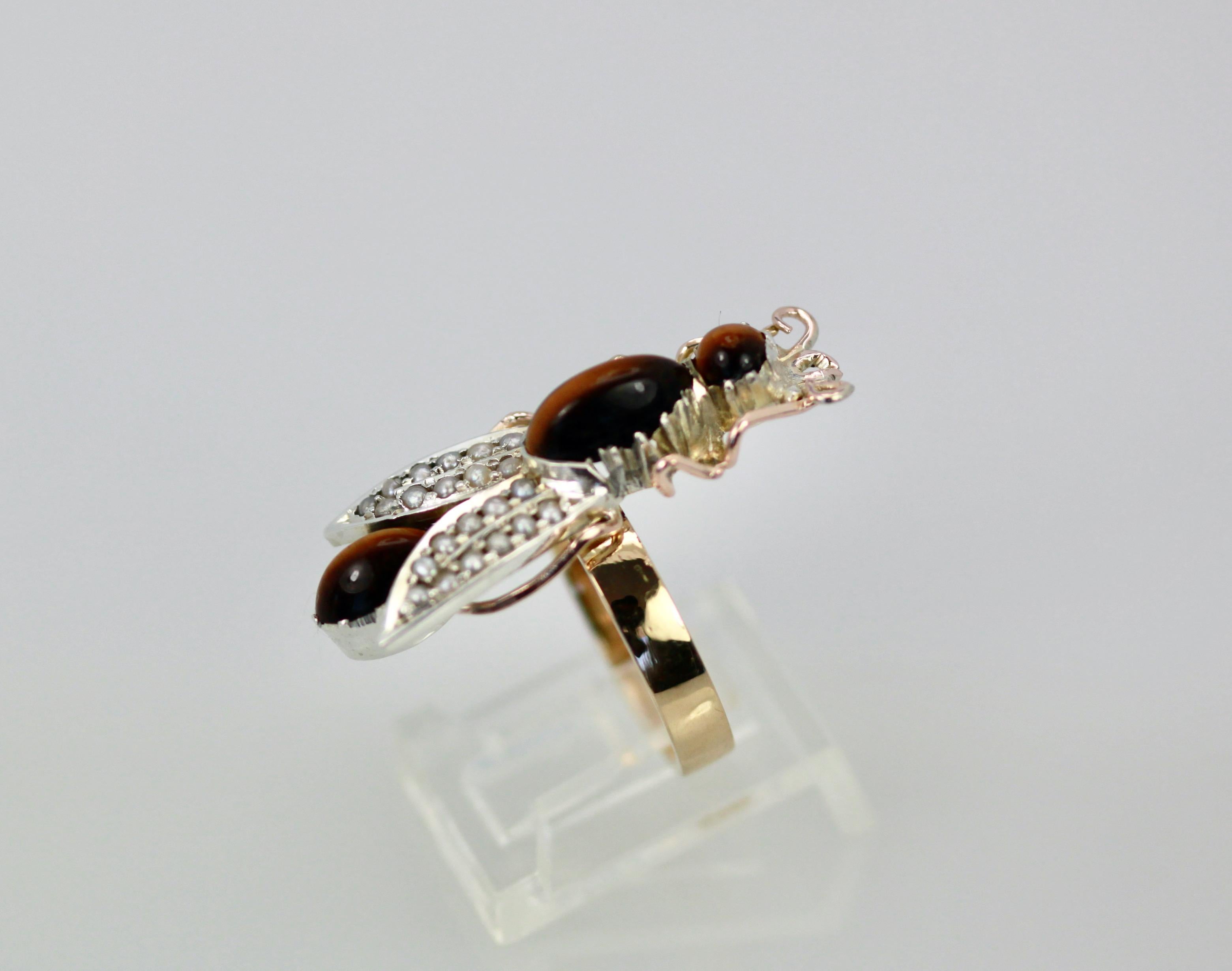Aesthetic Movement Tigers Eye Seed Pearl Insect Ring For Sale