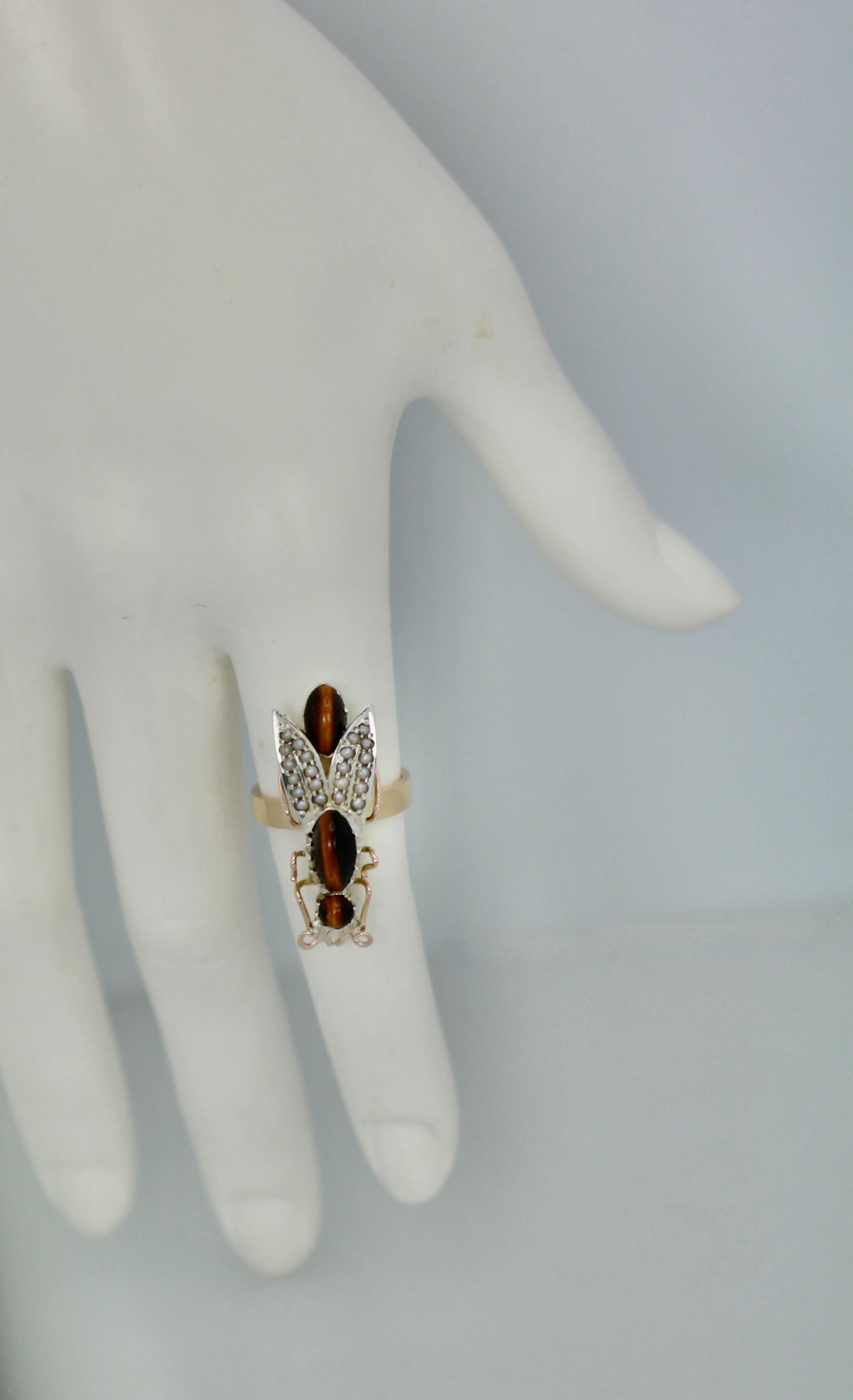 Oval Cut Tigers Eye Seed Pearl Insect Ring For Sale