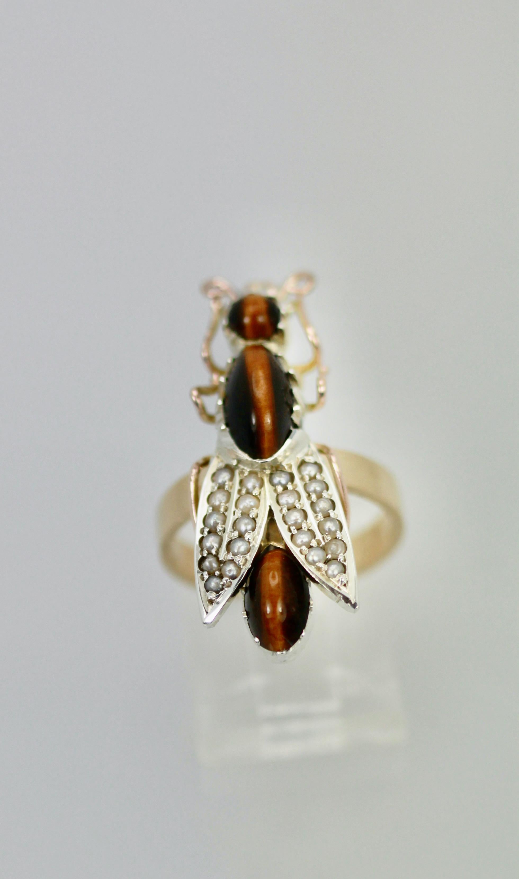 Tigers Eye Seed Pearl Insect Ring In Excellent Condition For Sale In North Hollywood, CA
