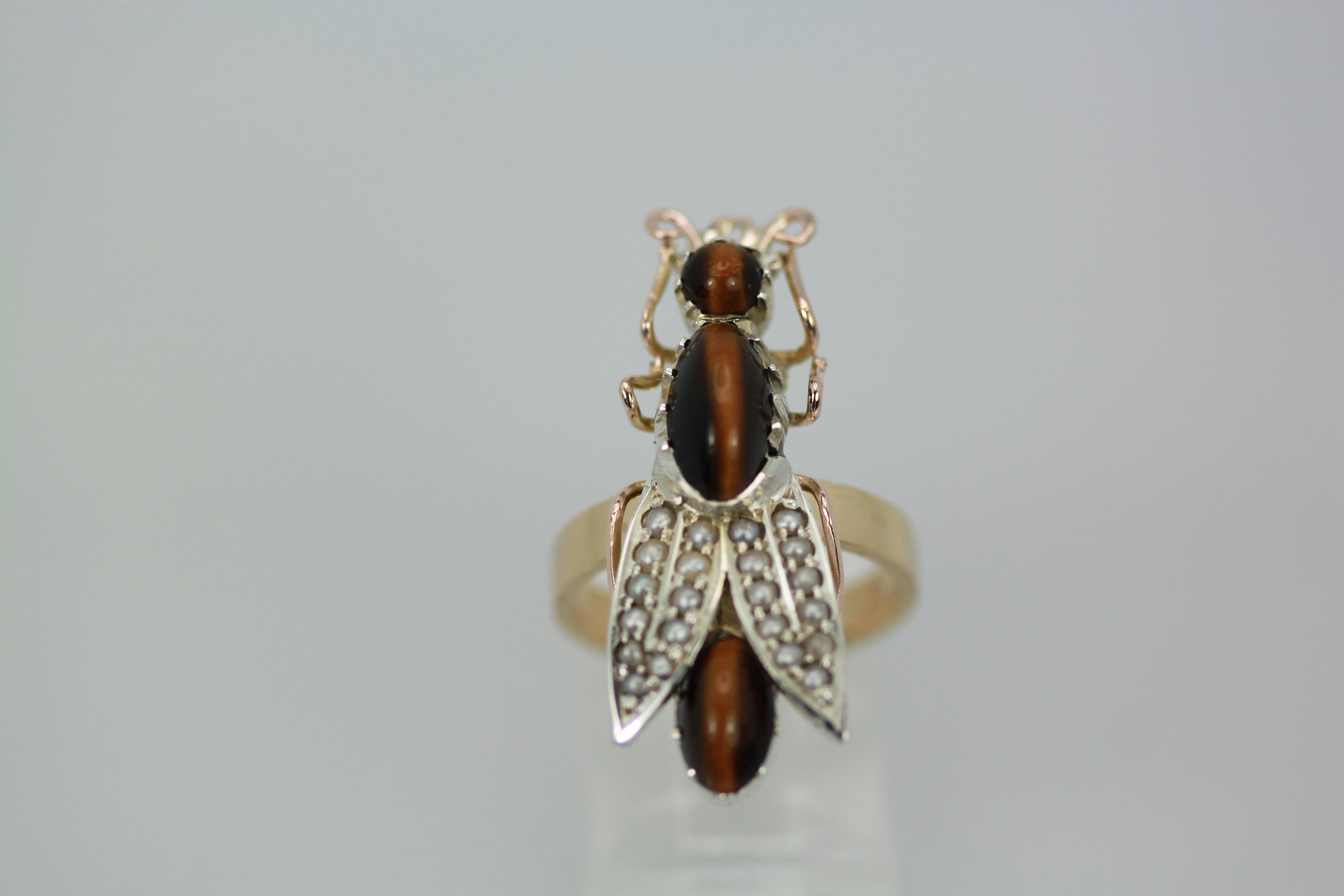 Tigers Eye Seed Pearl Insect Ring For Sale 2