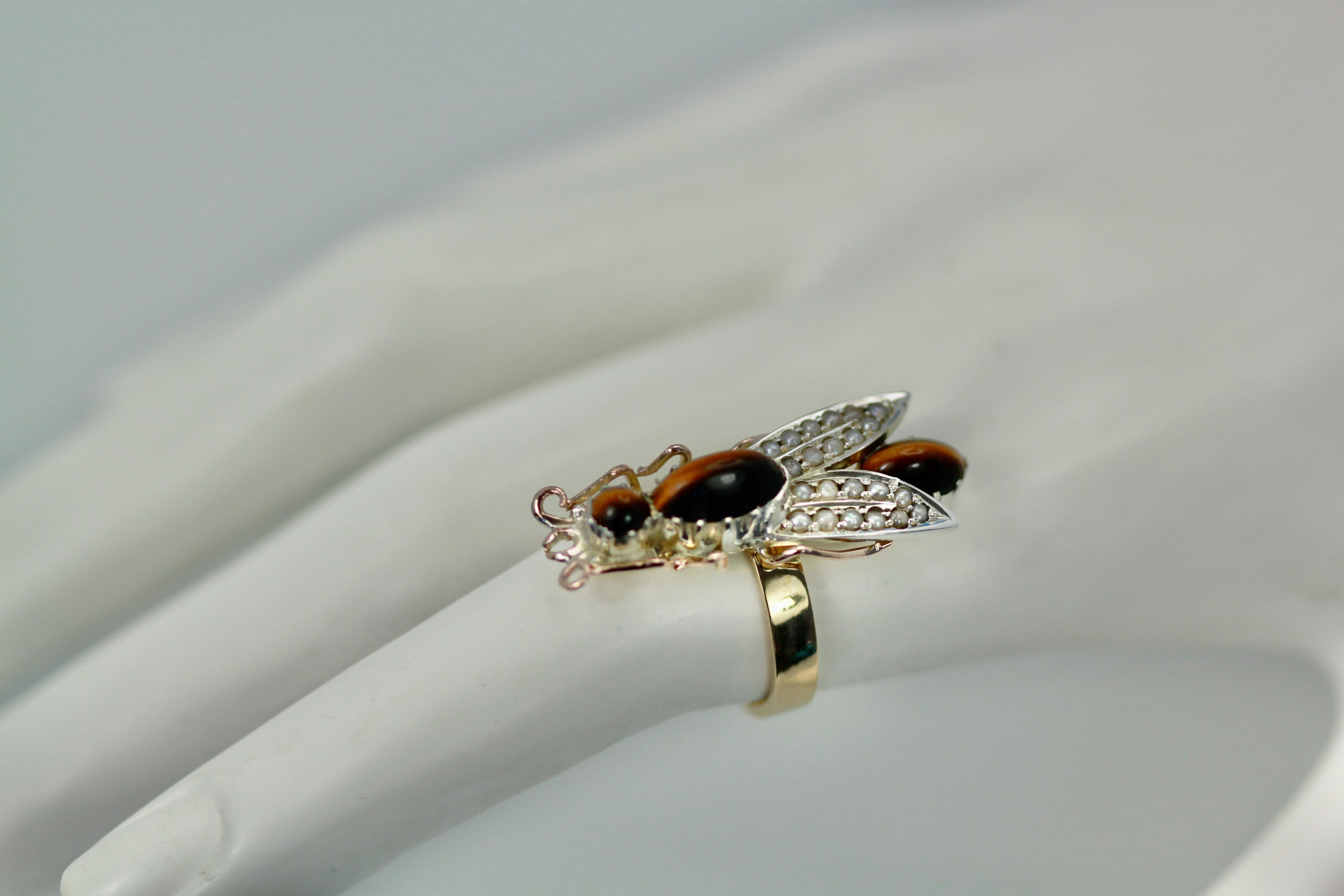Tigers Eye Seed Pearl Insect Ring For Sale 3