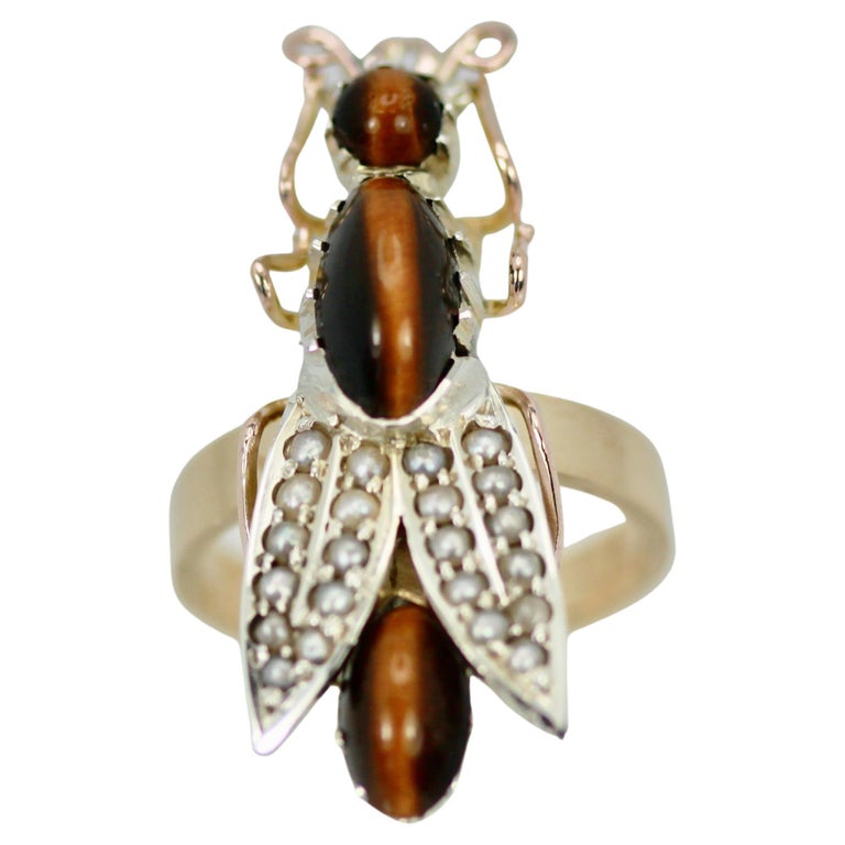 Tigers Eye Seed Pearl Insect Ring For Sale at 1stDibs