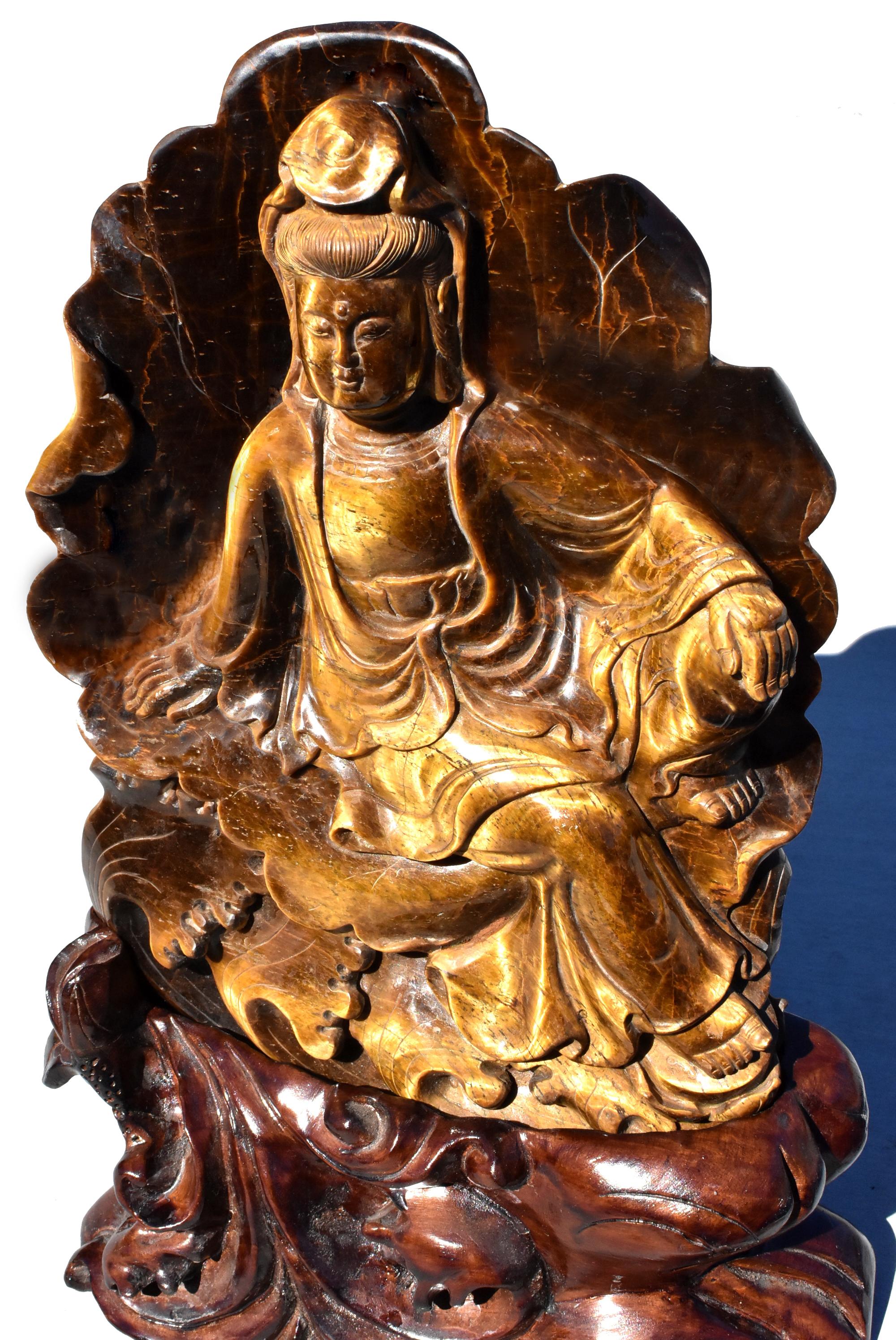 Hand-Carved Tiger's Eye Water Moon Guan Yin Avalokiteshvara Buddha Statue For Sale