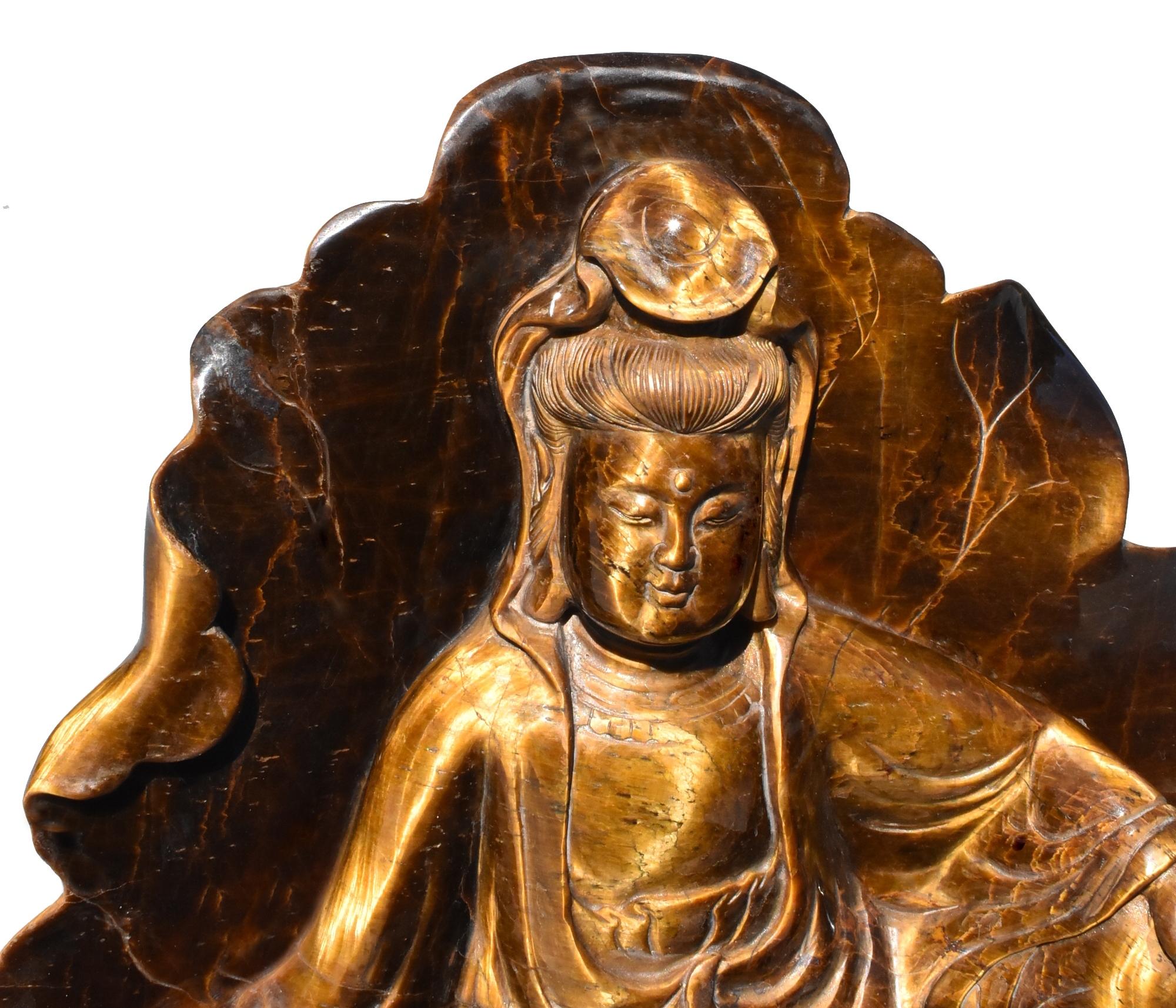 Tiger's Eye Water Moon Guan Yin Avalokiteshvara Buddha Statue In Excellent Condition For Sale In Somis, CA
