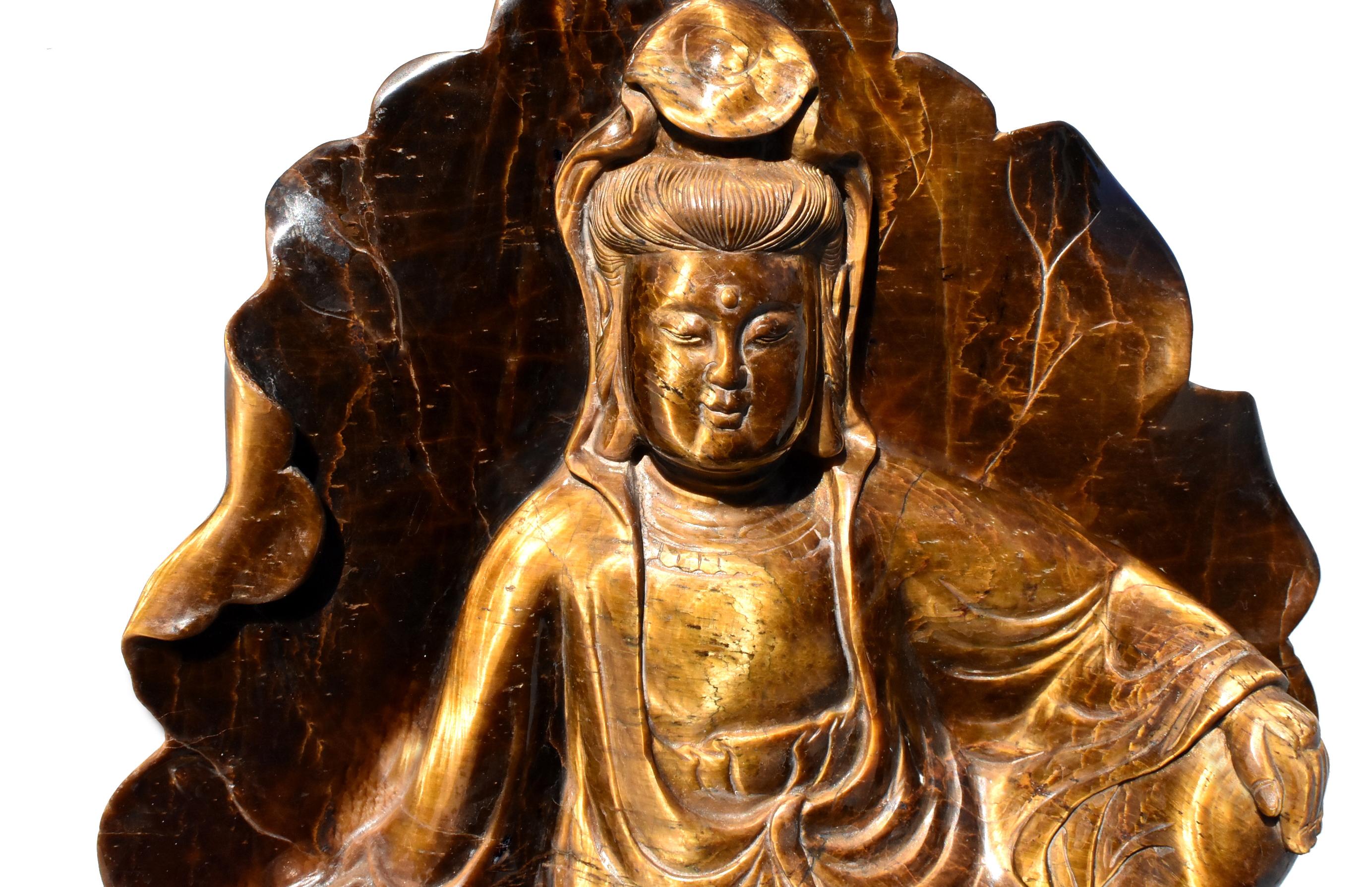 Contemporary Tiger's Eye Water Moon Guan Yin Avalokiteshvara Buddha Statue For Sale