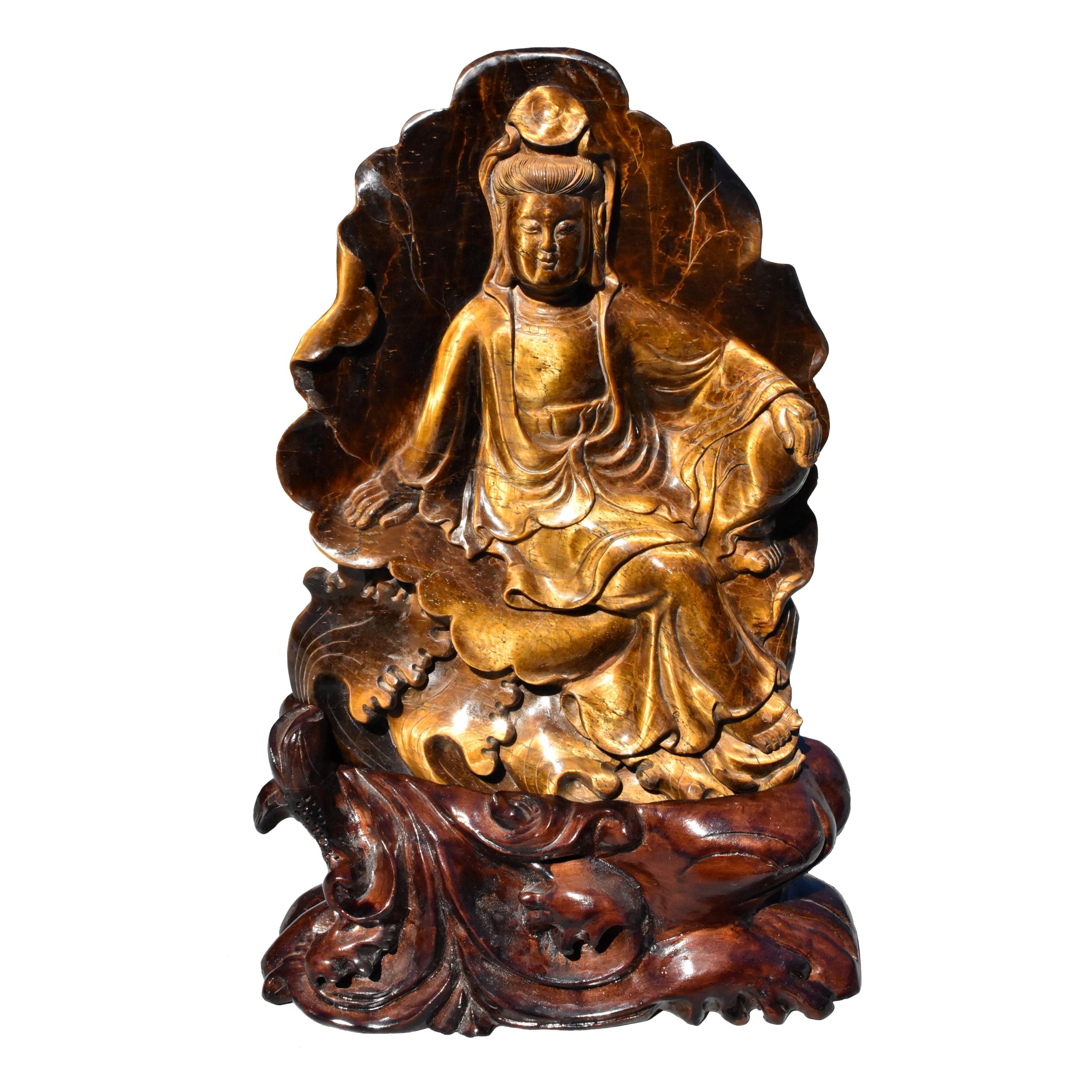 Tiger's Eye Water Moon Guan Yin Avalokiteshvara Buddha Statue For Sale