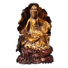 Antique Tiger's Eye Water Moon Guan Yin Avalokiteshvara Buddha Statue