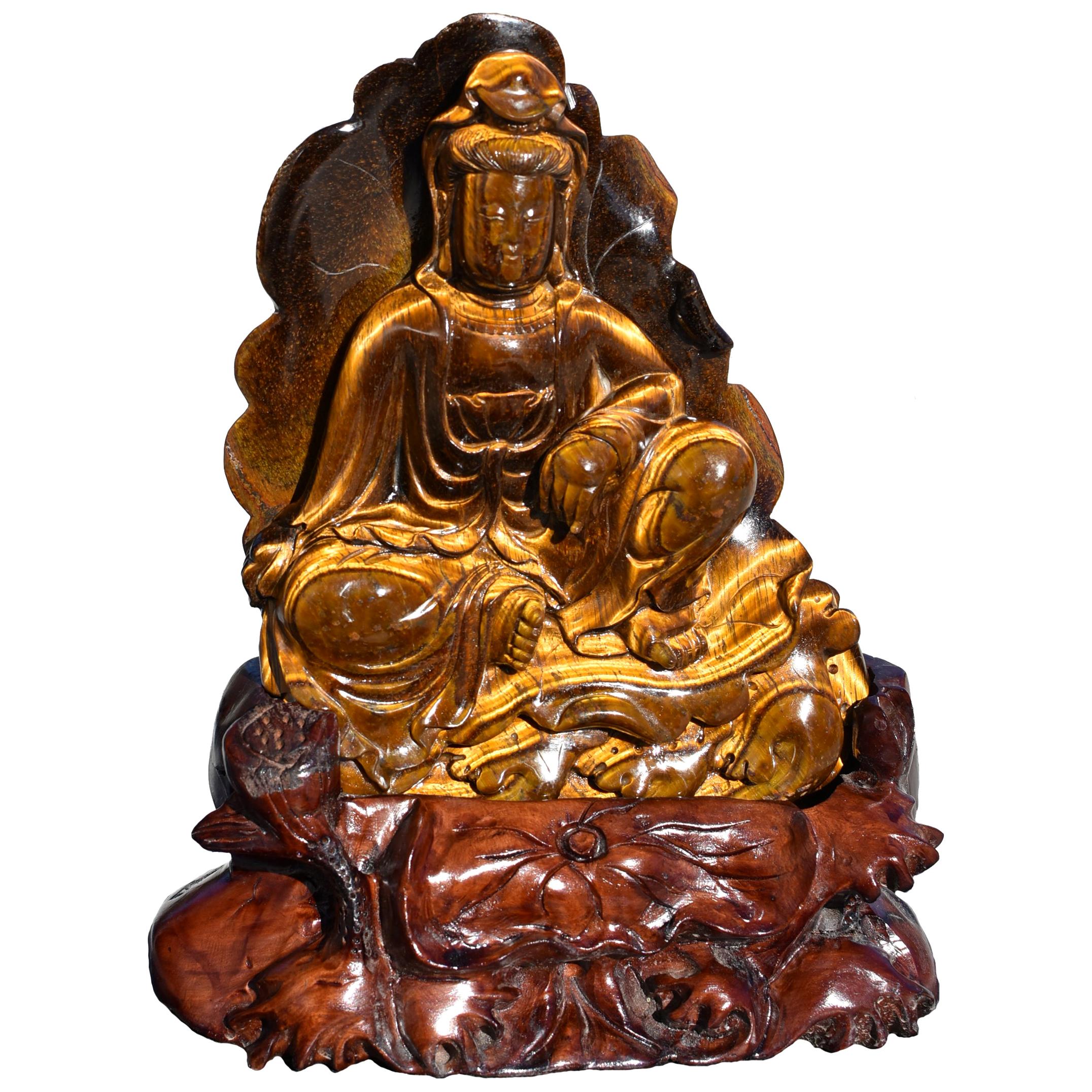 Statue Guan Yin Avalokiteshvara œil de tigre en lune d'eau