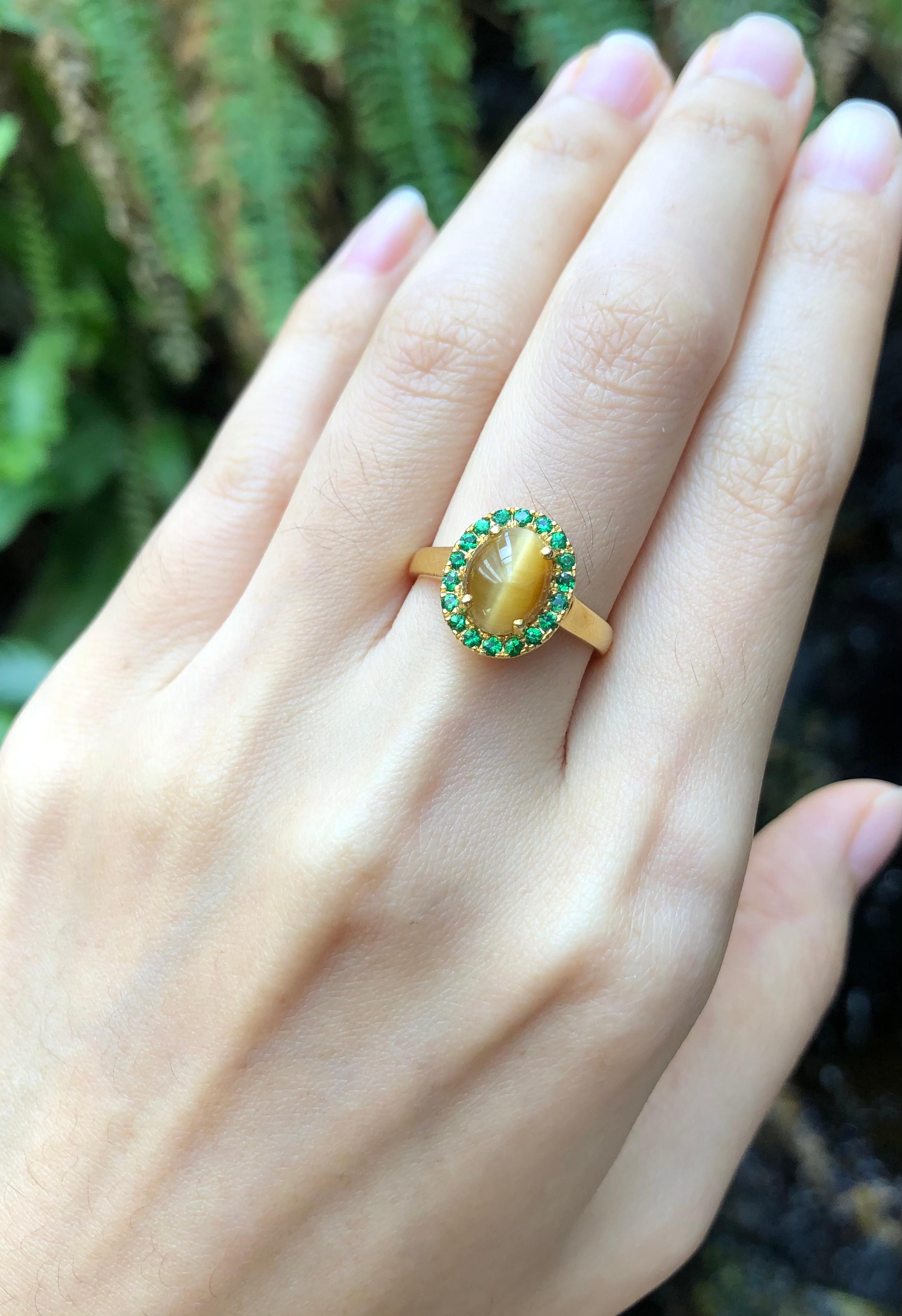 Contemporary Tiger's Eye with Tsavorite Ring Set in 18 Karat Gold Settings For Sale