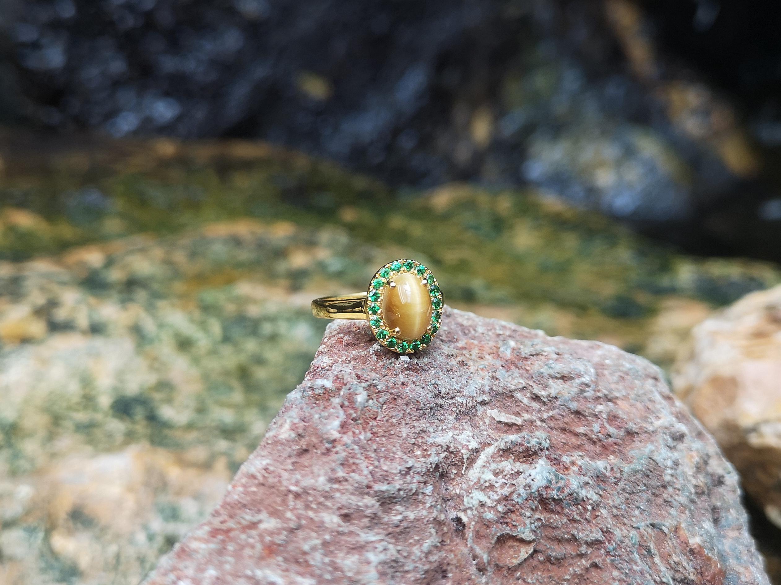 Tiger's Eye with Tsavorite Ring Set in 18 Karat Gold Settings In New Condition For Sale In Bangkok, TH