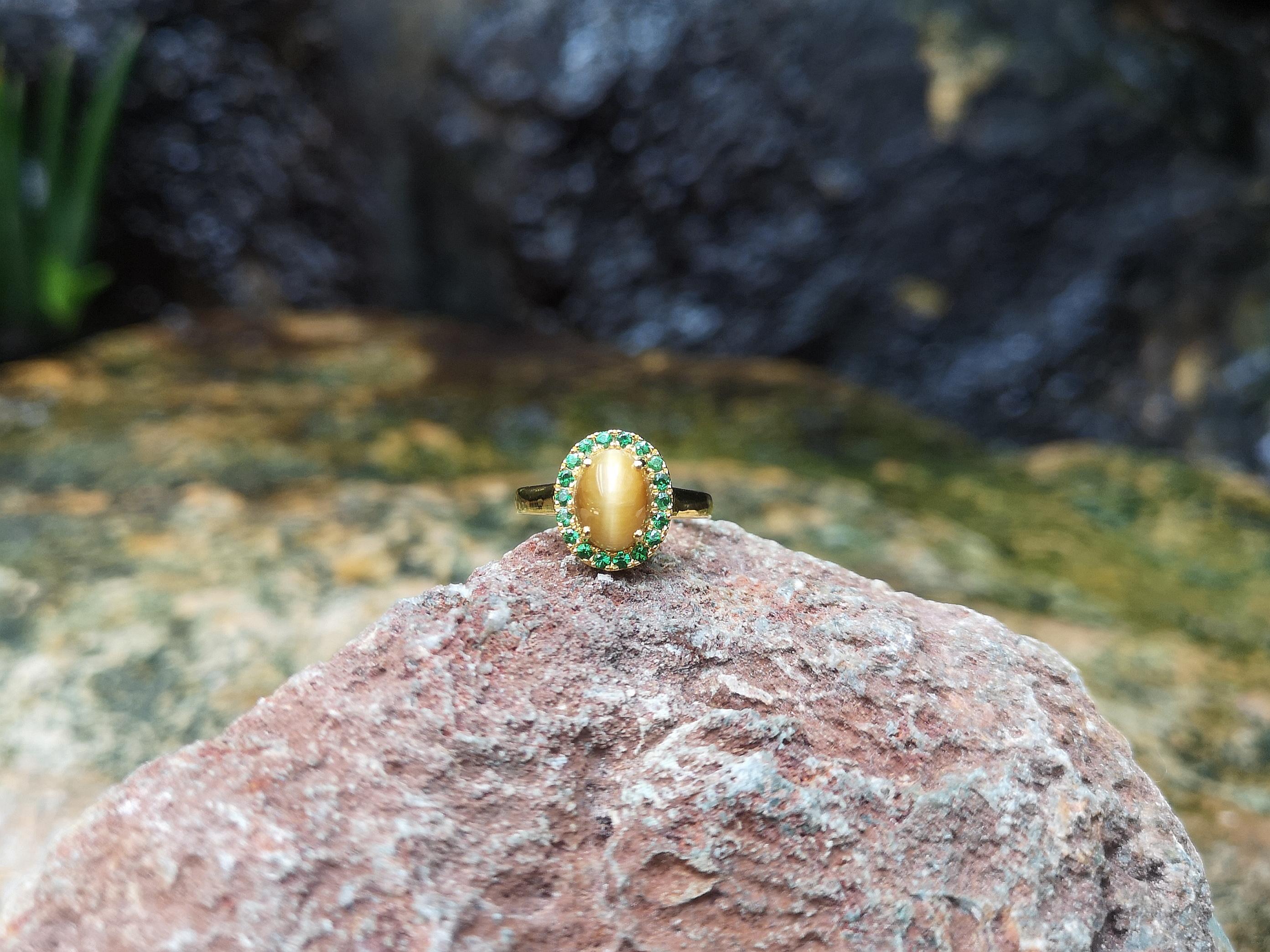 Anello con occhio di tigre e tsavorite incastonato in oro 18 carati in vendita 3
