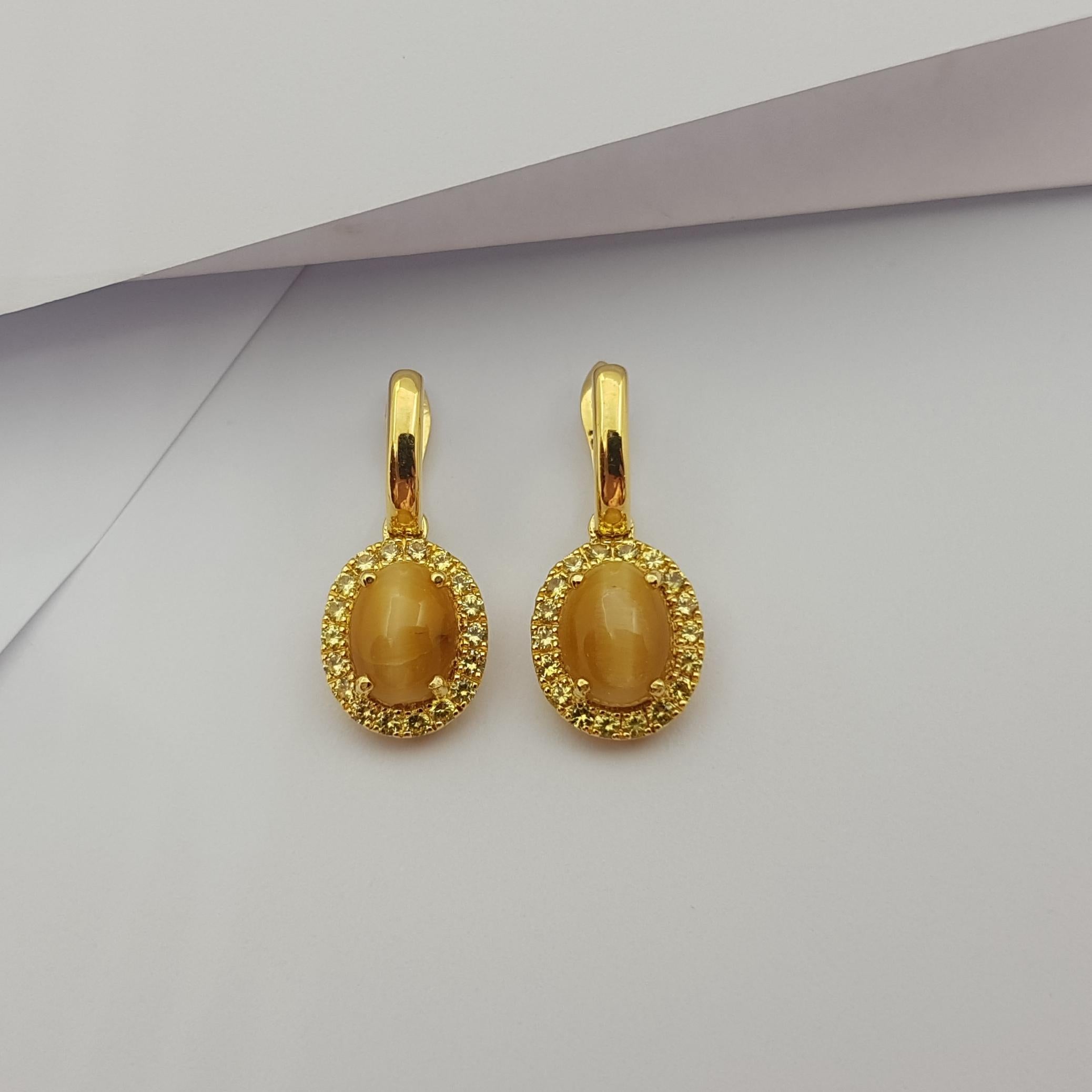 Tiger's Eye with Yellow Sapphire Earrings Set in 18 Karat Gold Settings For Sale 2