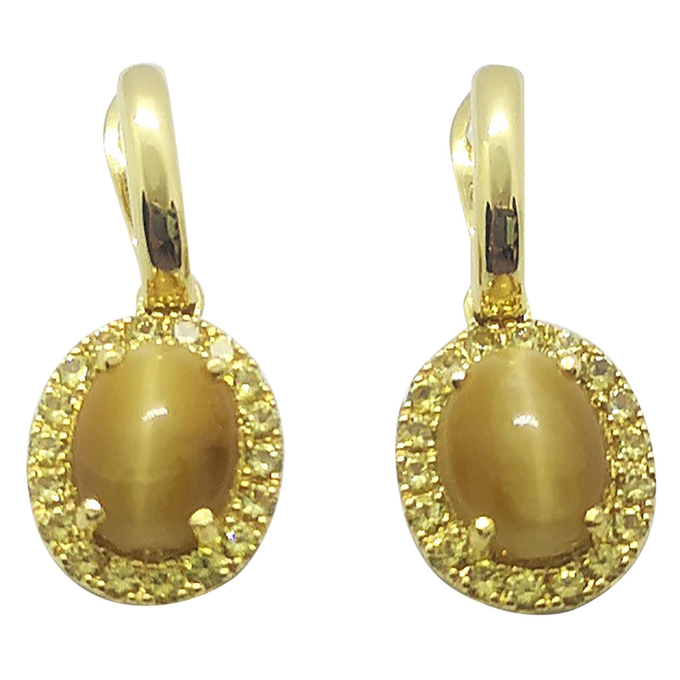 Tiger's Eye with Yellow Sapphire Earrings Set in 18 Karat Gold Settings For Sale