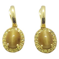 Tiger's Eye with Yellow Sapphire Earrings Set in 18 Karat Gold Settings