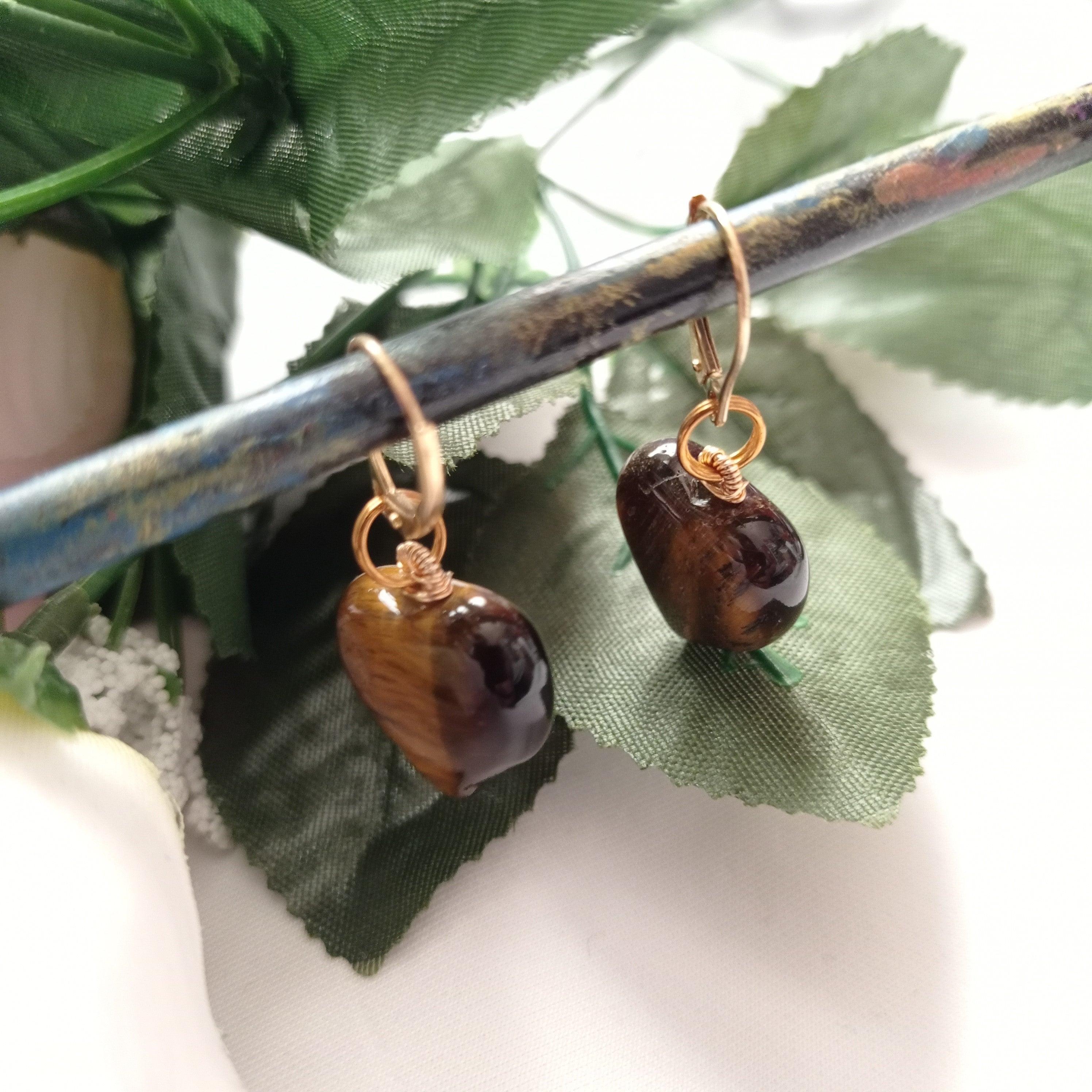 Tiger's Eye 14k Yellow Gold over Sterling Silver drop earrings In New Condition For Sale In London, GB