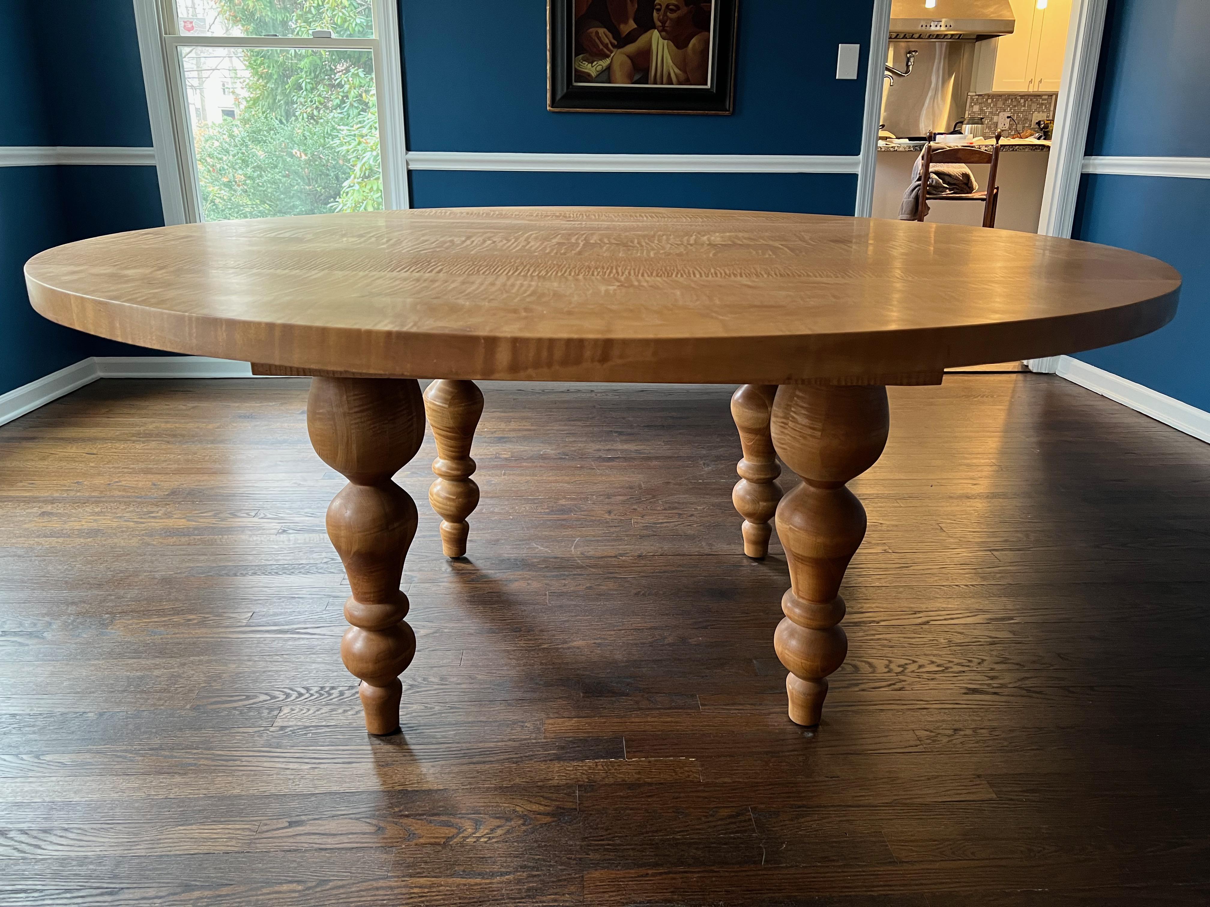 Contemporary Tiger Maple Round Dinning Table For Sale