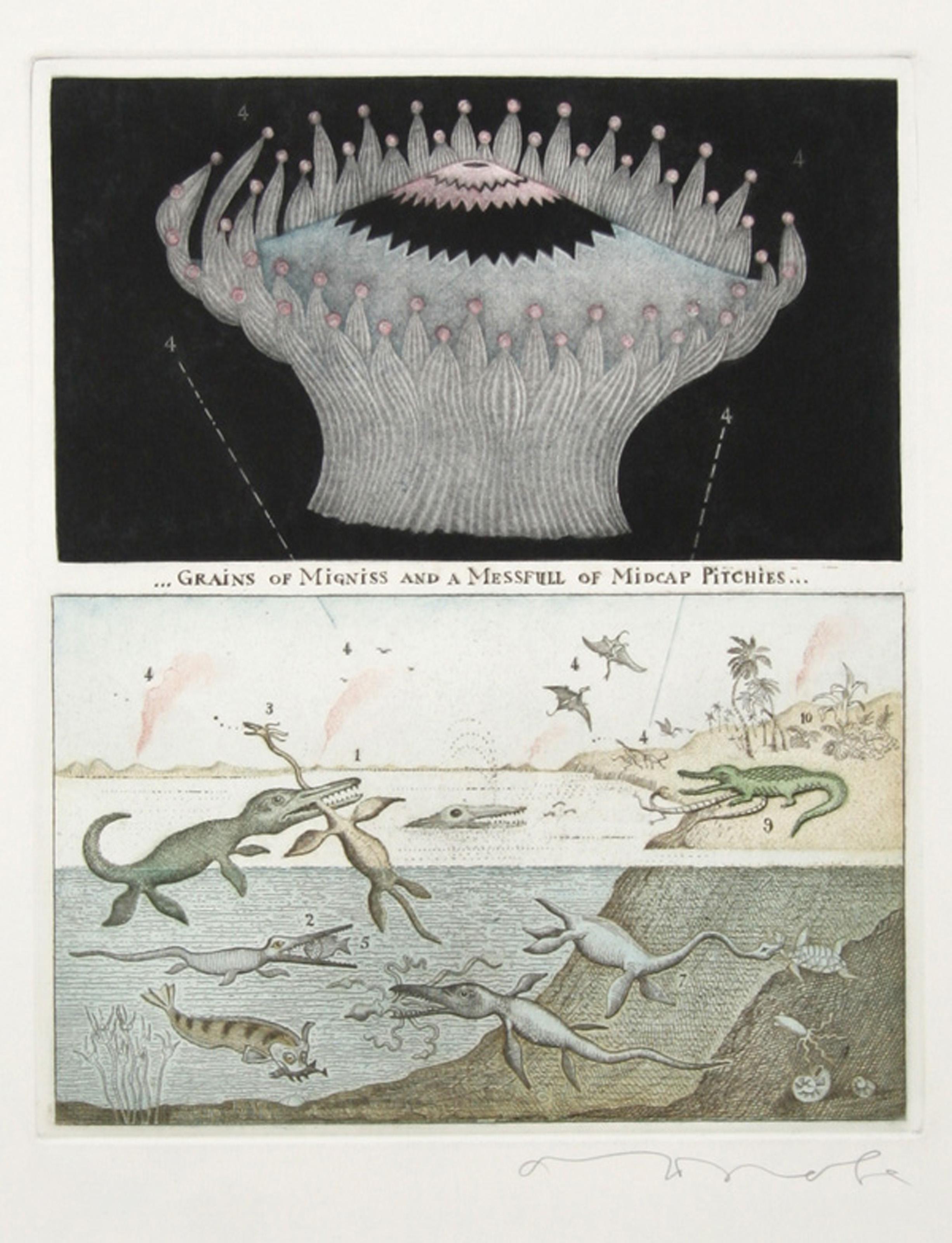 Drawing from prehistory, Tighe O'Donoghue's dramatic rendering of dinosaurs interacting with eachother is accented by the large stylized depiction of a volcano representing the distant eruptions in the lower image. Reflective of the artist's wild