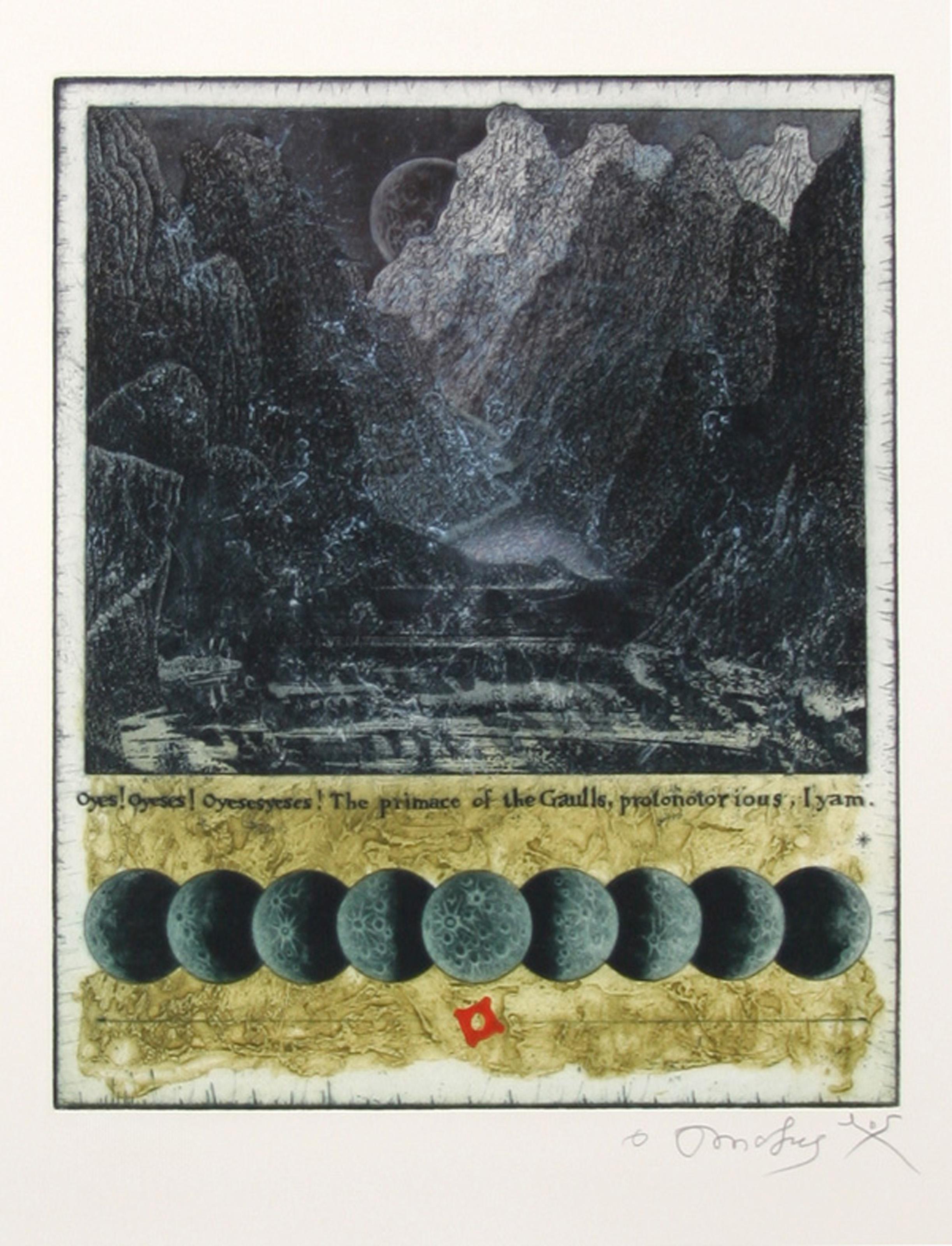 Le rendu dimensionnel de Tighe O'Donoghue d'une montagne inclinée entourée de nuages au-dessus d'une série de phases de la lune conserve les mêmes éléments mystiques que ses autres œuvres tout en incorporant des aspects de l'astronomie et un paysage