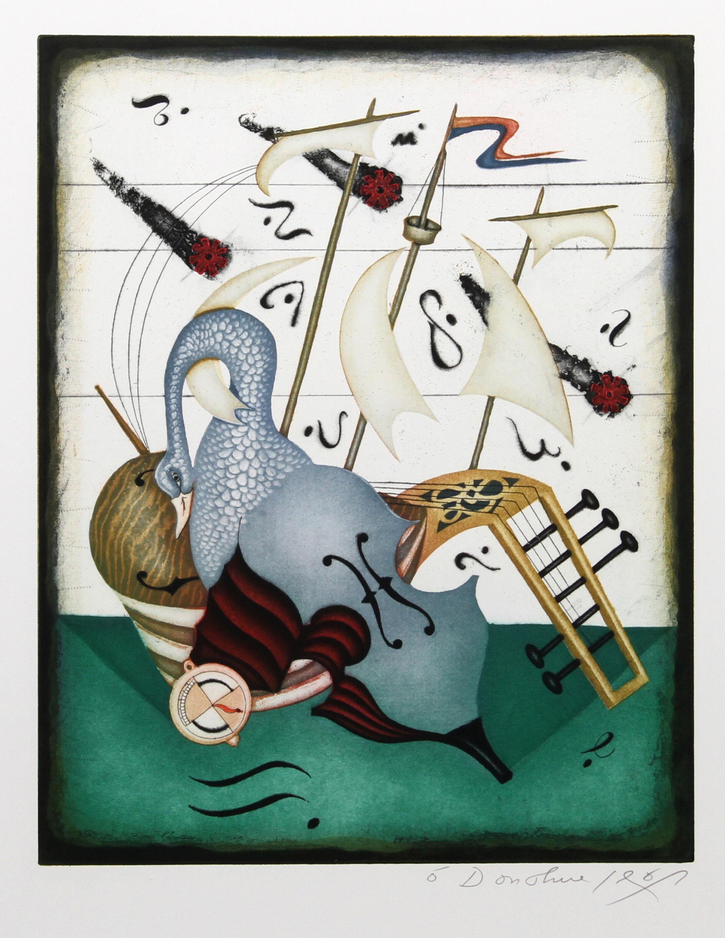 This dynamic composition by Tighe O'Donaghue incoroporates a series of musical notes and meteors alongside animal motifs and musical instruments that adorn the stern of a sailed ship. 

Juggernaut
Tighe O’Donoghue, American (1942–2023)
Date: circa