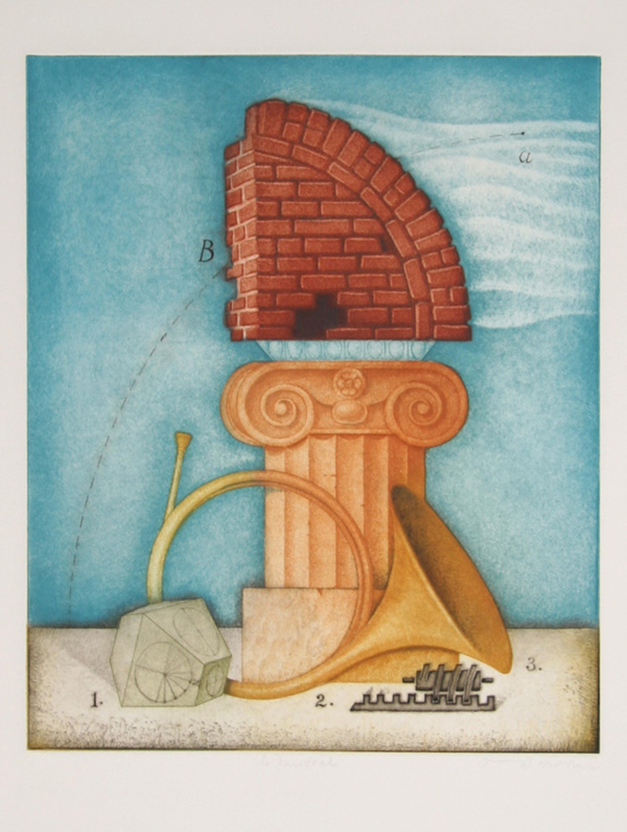 Rendered in vibrant hues of blue, yellow, and red, Tighe O'Donaghue's intriguing arrangement of Classical and contemporary motifs generates a mystical and atmospheric mood. 

Le Mistral
Tighe O’Donoghue, American (1942–2023)
Date: Circa 1985
Etching
