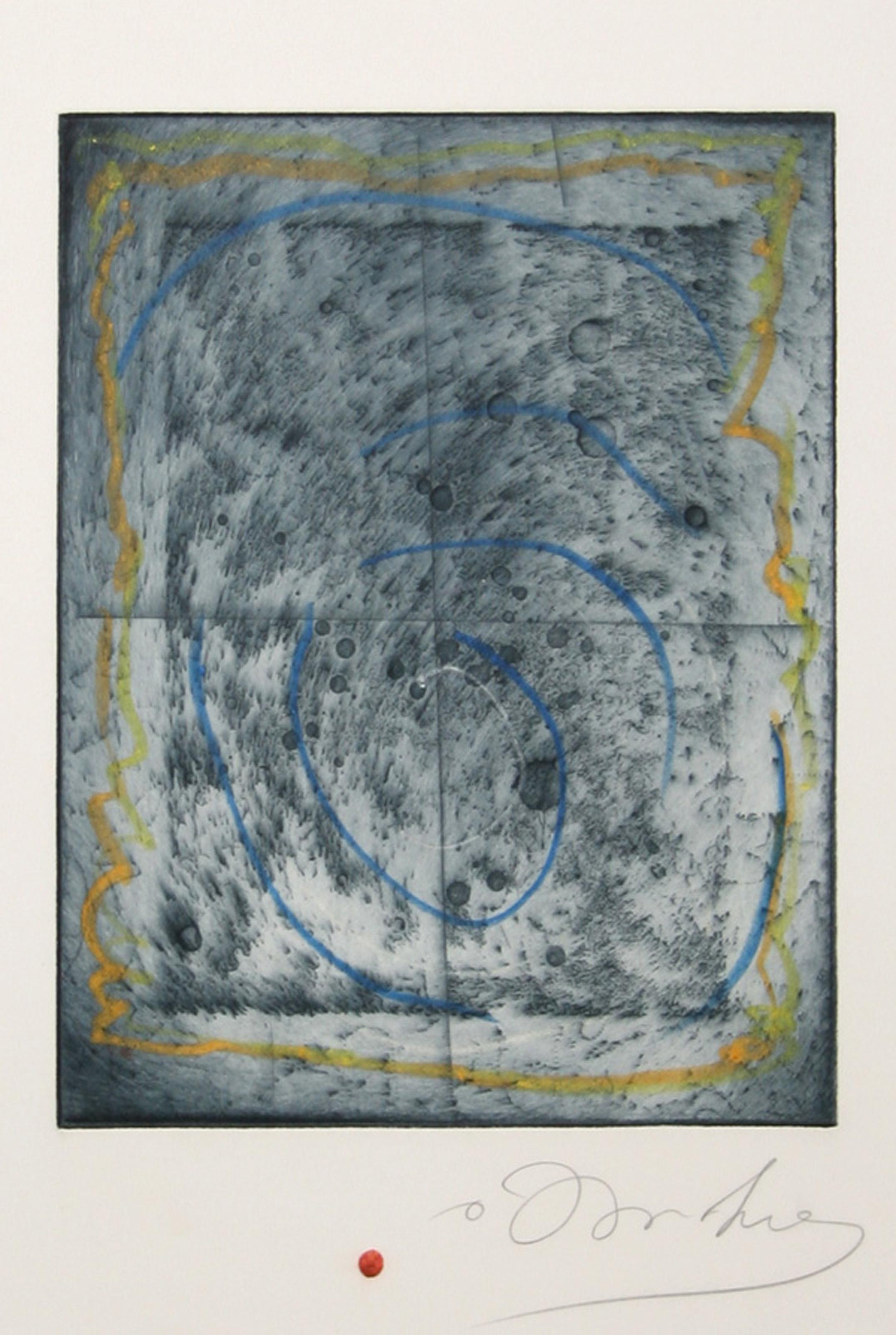 Tighe O'Donaghue's abstract print features a swirling pattern encircled with simple, crude linework that merges into a loose rectangle that frames the composition. 

Lunar Abstract
Tighe O’Donoghue, American (1942–2023)
Date: circa 1985
Etching with