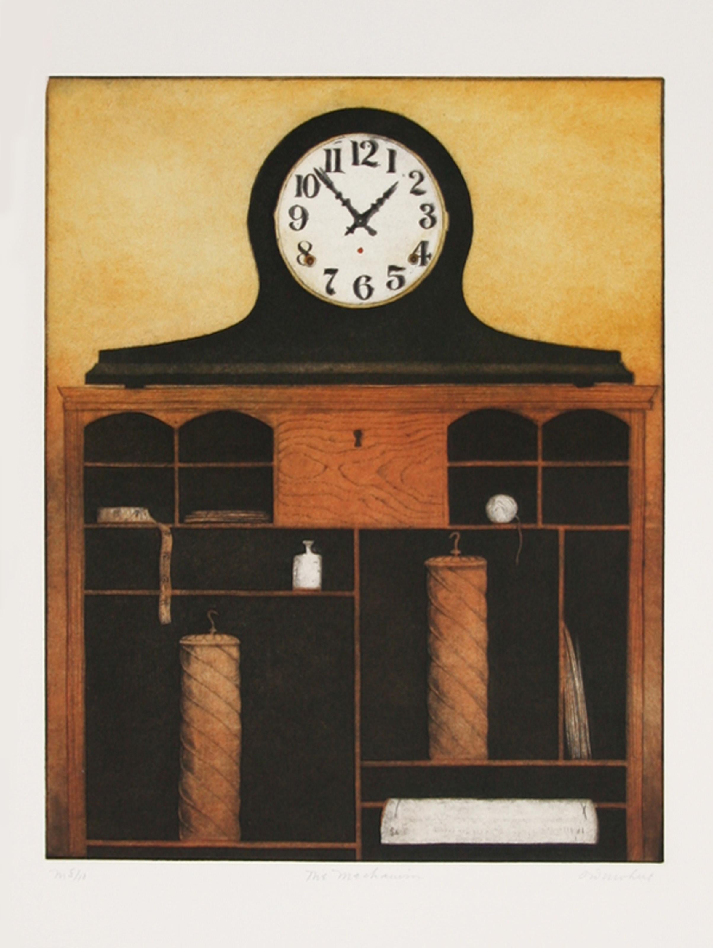 Tighe O'Donoghue's still life features a mantle clock resting on top of a small wooden shelf against a pale yellow wall. 

Mechanism
Tighe O’Donoghue, American (1942–2023)
Date: circa 1985
Etching with Aquatint, signed in pencil
Edition of M