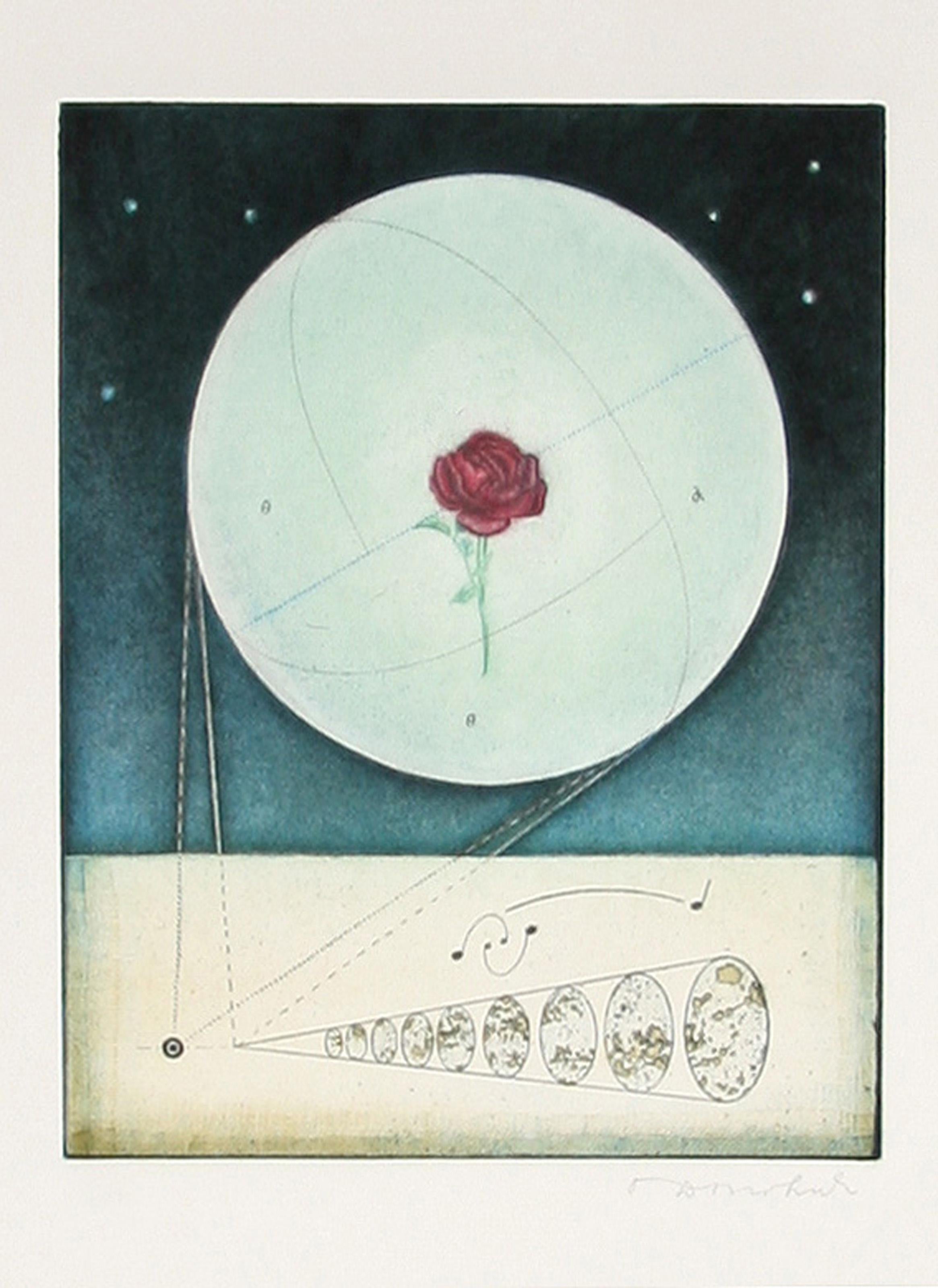 Rendered against a deep teal background, Tighe O'Donoghue's depiction of a moon with a rose superimposed over it is accompanied by a mathematical diagram showing the elliptical orbit of the body in the bottom register of the work. 

Oceanus from the