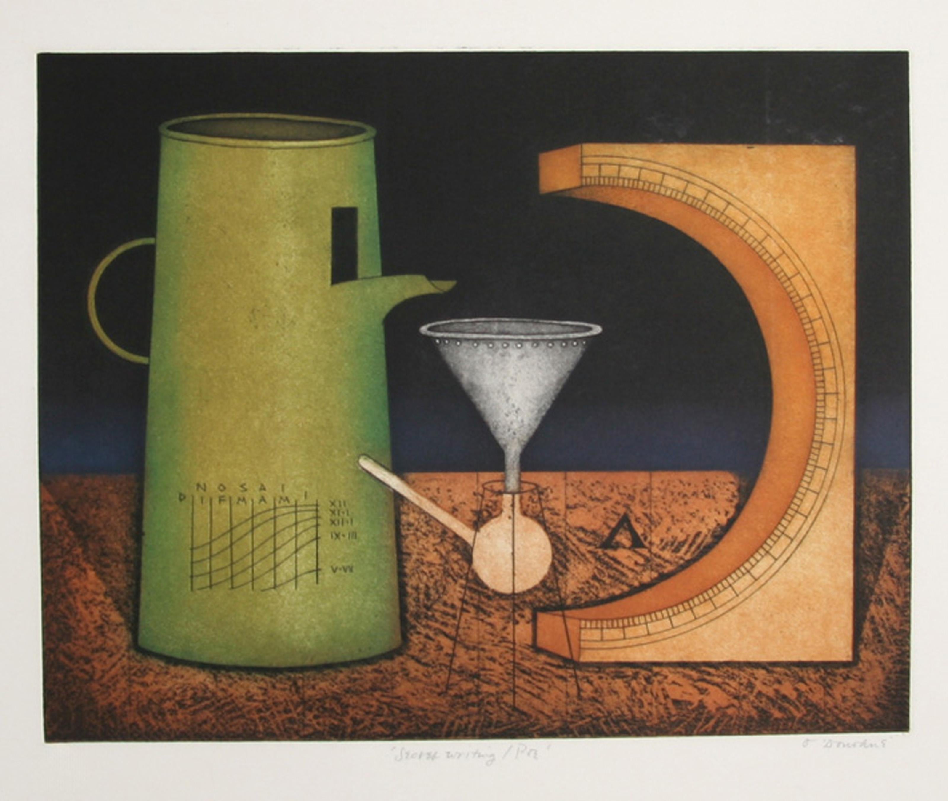 Secret Writing / Poe
Tighe O’Donoghue, American (1942–2023)
Date: Circa 1985
Aquatint Etching, signed and numbered in pencil
Edition of 99
Image Size: 16 x 20 inches
Size: 22 x 30 in. (55.88 x 76.2 cm)