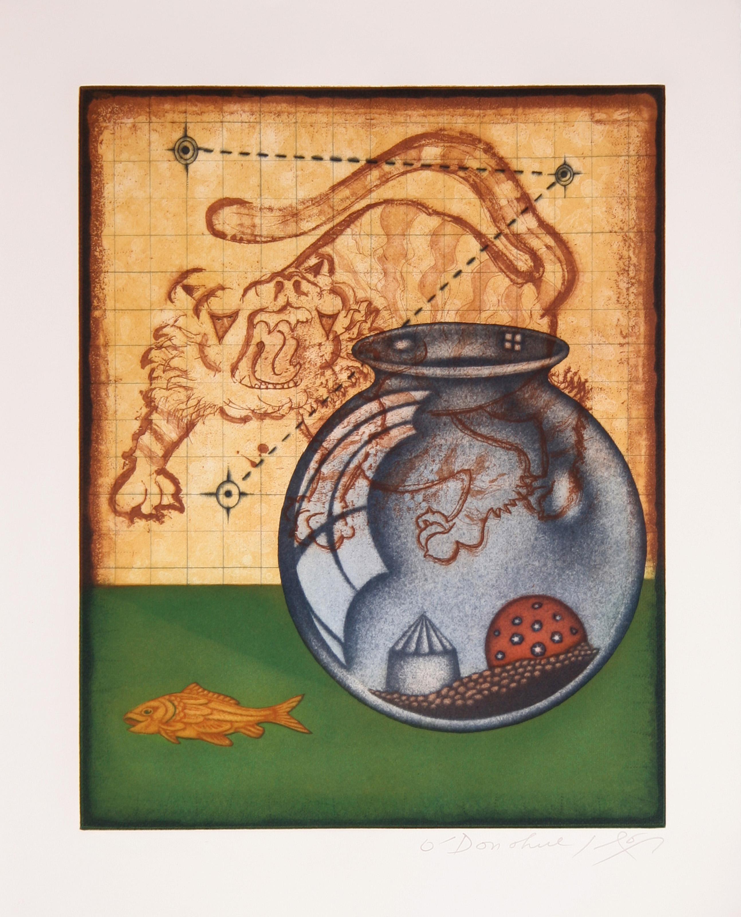 Eine faszinierende Radierung von Tighe O'Donoghue, der in seinen Werken Symbole und Mythologie zu einer surrealen Bildsprache verarbeitet.

Tiger, Goldfisch und Schüssel
Tighe O'Donoghue, Amerikaner (1942-2023)
Datum: ca. 1979
Aquatintaradierung,