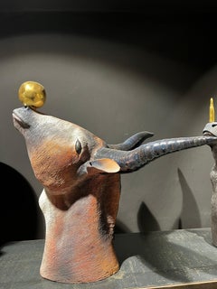 Tightrope Antelope with gold ball, Ceramic Centerpiece, Handmade, Italy