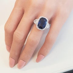 TIGI Certifi1ed 10.11 Carat Cushion Cut Blue Sapphire & Diam Ring in 18k Gold