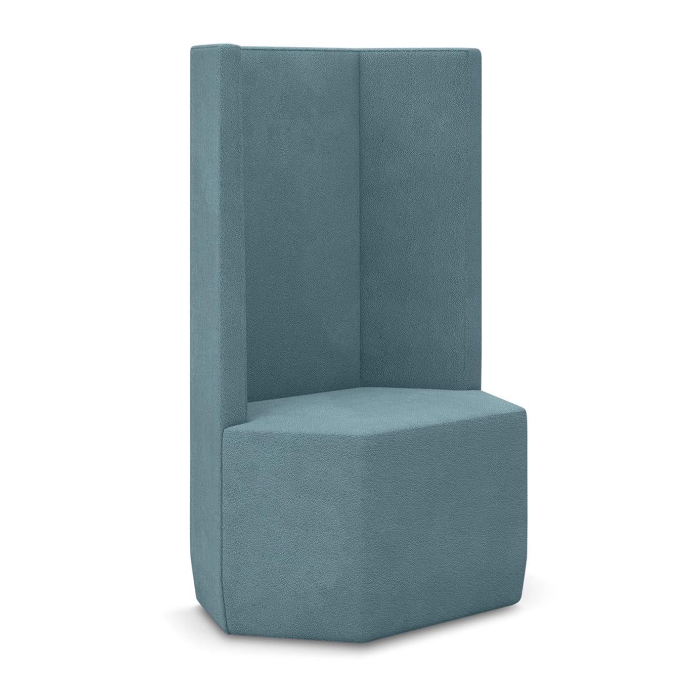 This sculptural lounge chair is sure to make an impactful statement in any contemporary decor. The hexagonal-like cut reveals its geometric inspiration, while the choice of a towering volume for the upper shell underlines its eccentric character.