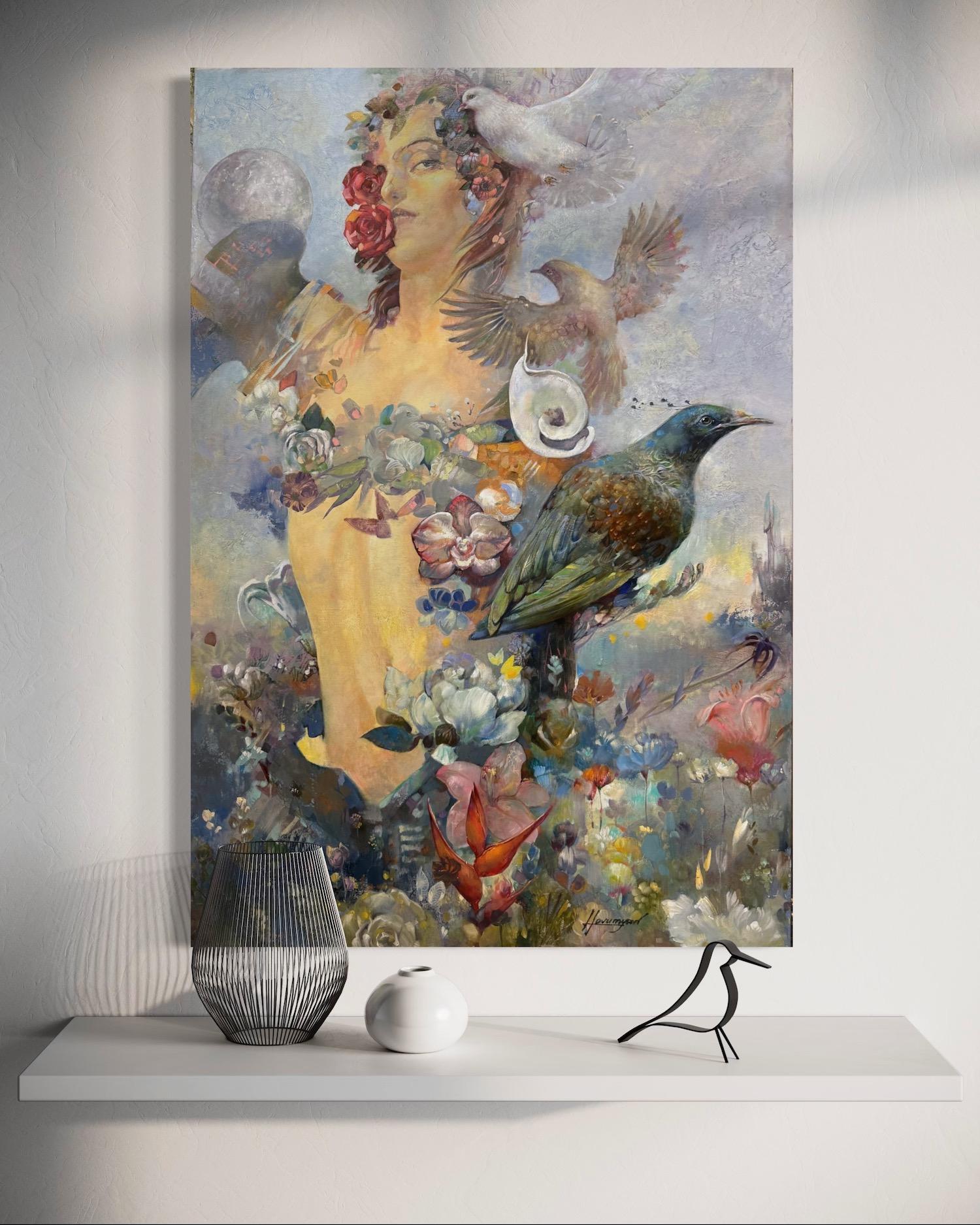 Impressione Figurativa Surrealismo Pittura ad olio originale, pronta da appendere - Figurative Painting Grigio di Tigran Hovumyan