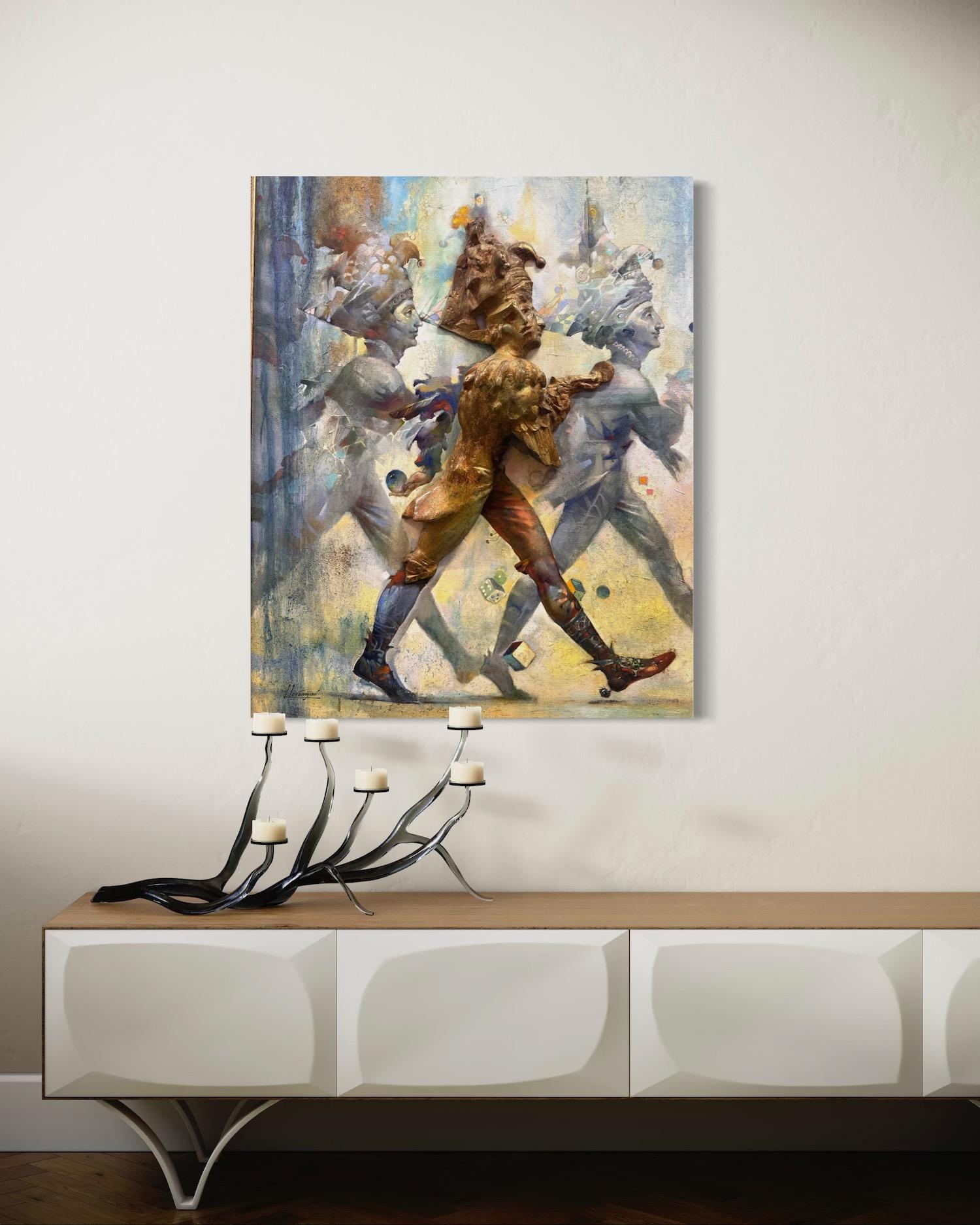 Joker Figurative Surrealism Bronze Original oil Painting, Ready to Hang - Gold Figurative Painting by Tigran Hovumyan