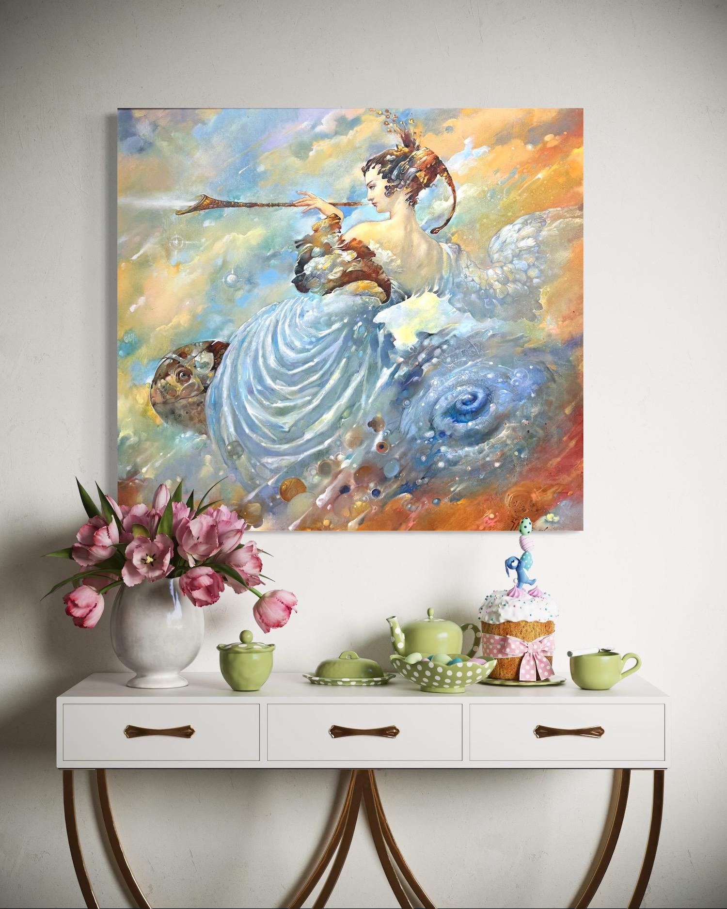 Licht-Engel Figurativ  Surrealismus Original Ölgemälde, hängefertig (Grau), Figurative Painting, von Tigran Hovumyan