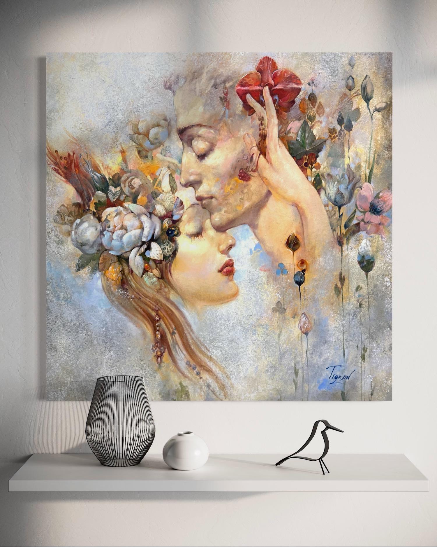 Ritratto di amanti Surrealismo Pittura ad olio originale, pronta da appendere - Figurative Painting Marrone di Tigran Hovumyan